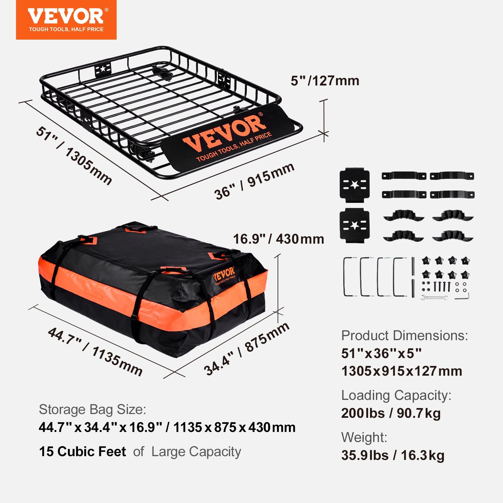 Clothing & Wardrobe Storage: VEVOR Roof Rack Cargo Basket 200 LBS 51"x36"x5" for SUV Truck with Luggage Bag