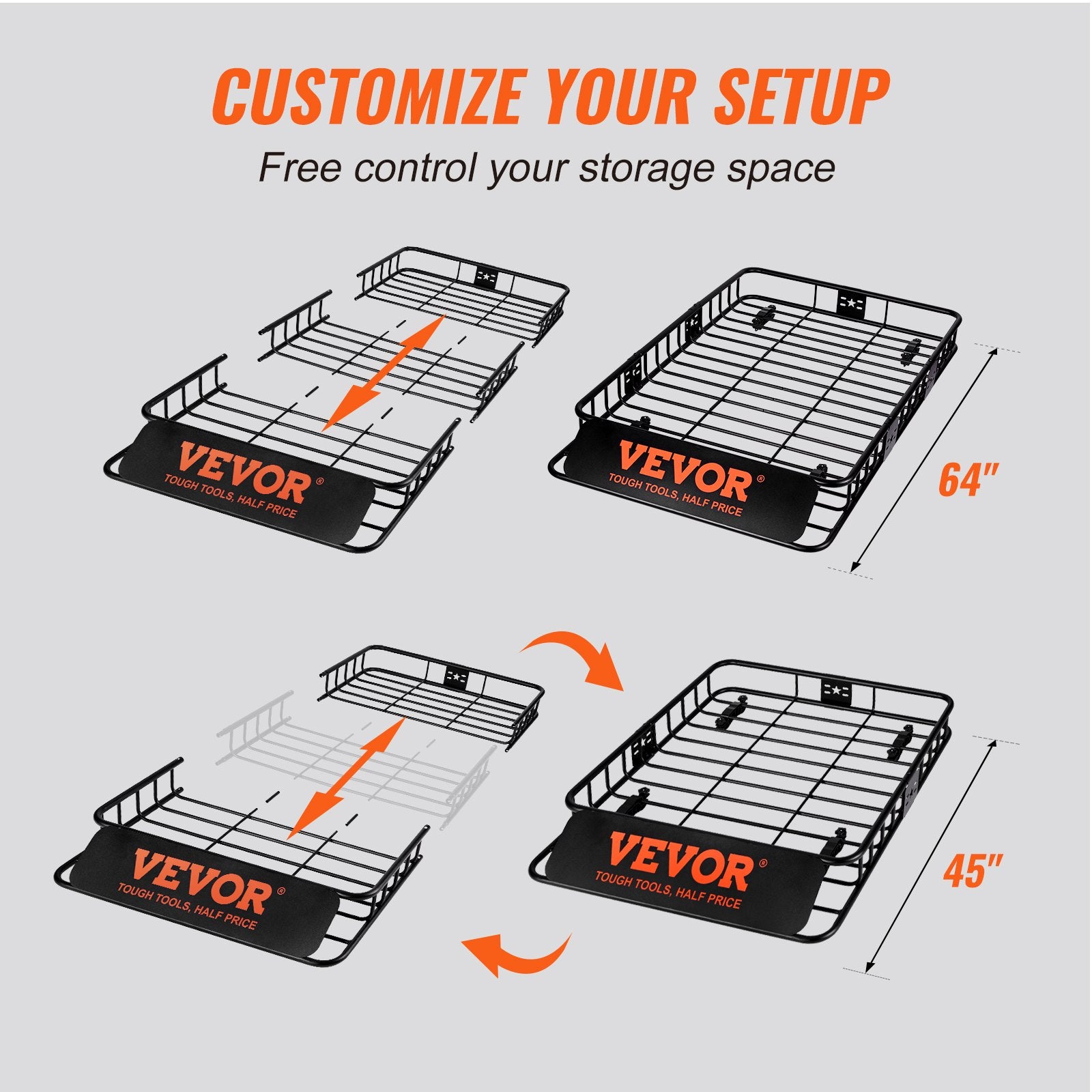 Automotive Parts: VEVOR Roof Rack Cargo Basket 200 LBS Capacity Extension 64"x39"x6" for SUV Truck