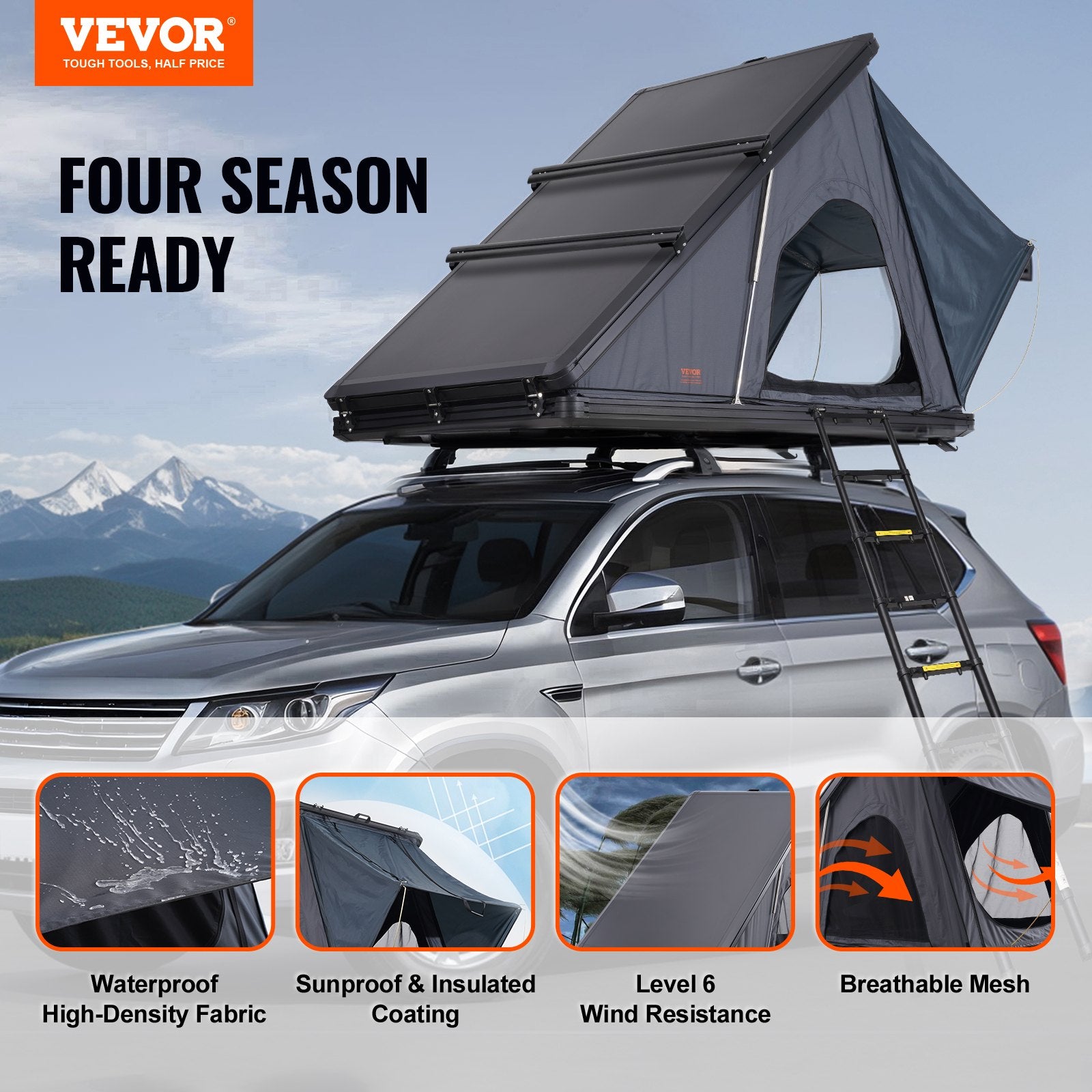 Caravan Accessories: VEVOR Rooftop Tent Hard Shell 2-3 Person Waterproof for Jeep SUV Truck w/ Ladder