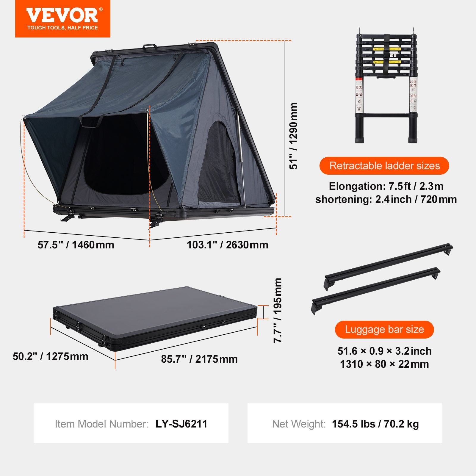 Caravan Accessories: VEVOR Rooftop Tent Hard Shell 2-3 Person Waterproof for Jeep SUV Truck w/ Ladder