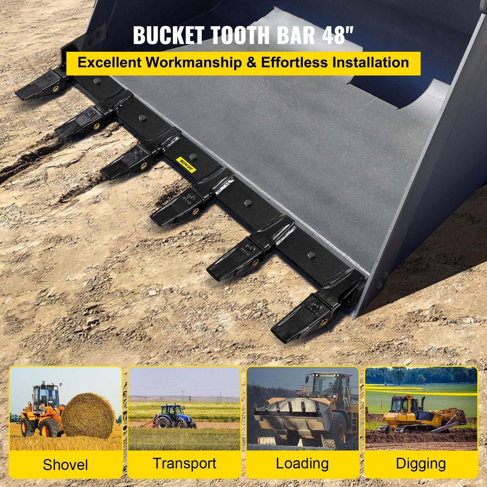 Bucket Tooth Bar, 48in Inside Bucket Width Tractor Bucket Teeth, 9.84in Teeth Space Tooth Bar for Loader Bucket 23TF, Bolt on Tooth Bucket Enables Penetration of Compacted Soil