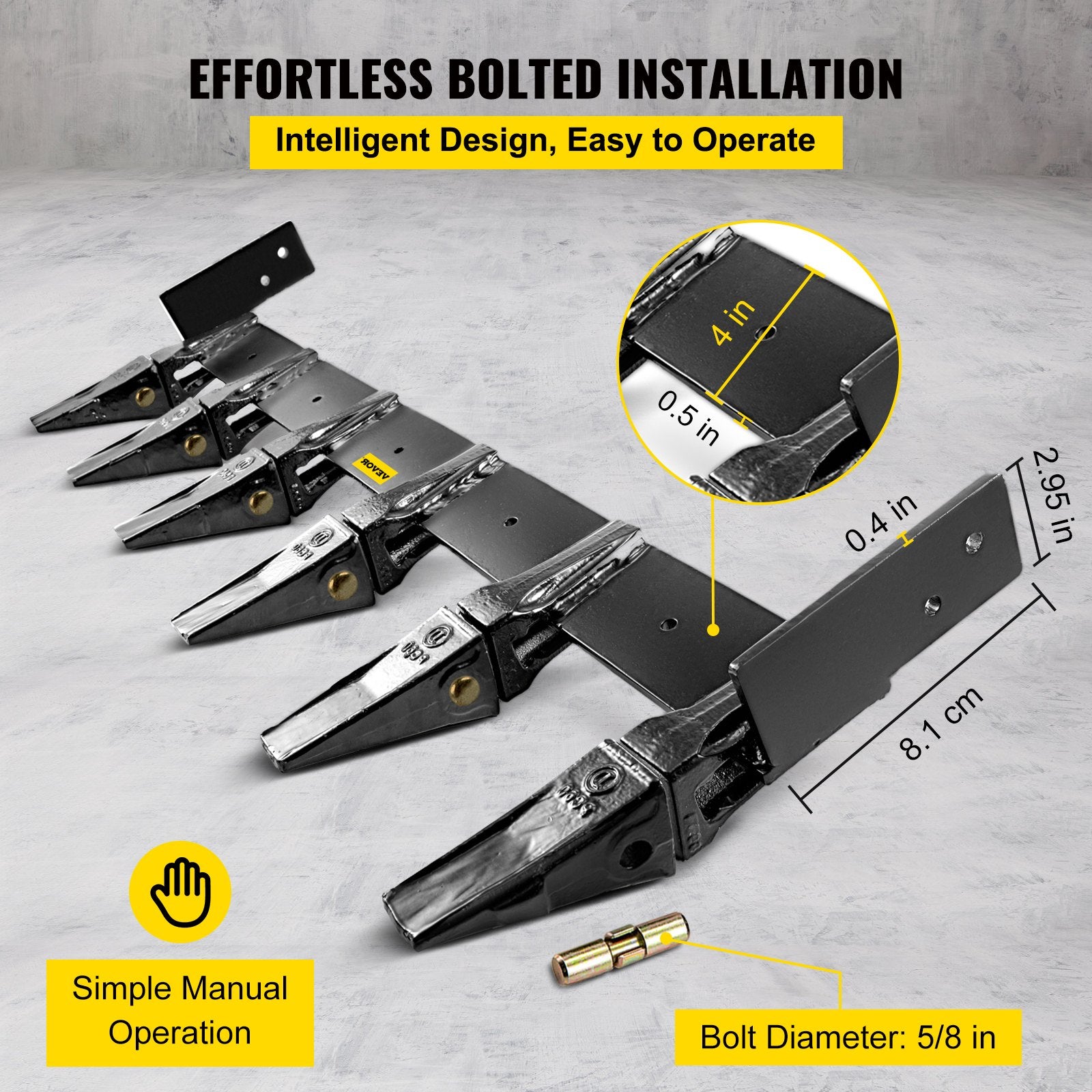 Bucket Tooth Bar, 48in Inside Bucket Width Tractor Bucket Teeth, 9.84in Teeth Space Tooth Bar for Loader Bucket 23TF, Bolt on Tooth Bucket Enables Penetration of Compacted Soil