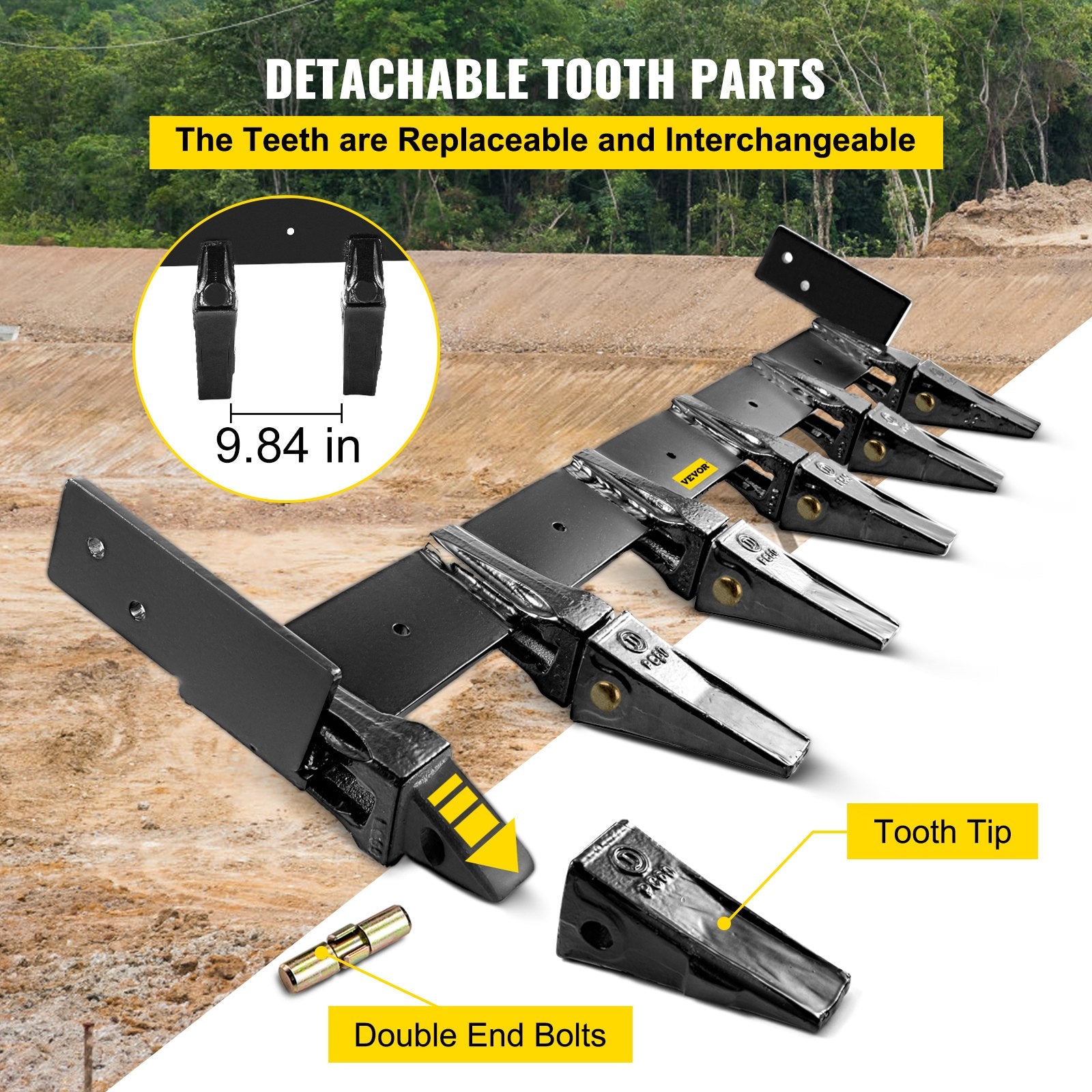 Bucket Tooth Bar, 48in Inside Bucket Width Tractor Bucket Teeth, 9.84in Teeth Space Tooth Bar for Loader Bucket 23TF, Bolt on Tooth Bucket Enables Penetration of Compacted Soil