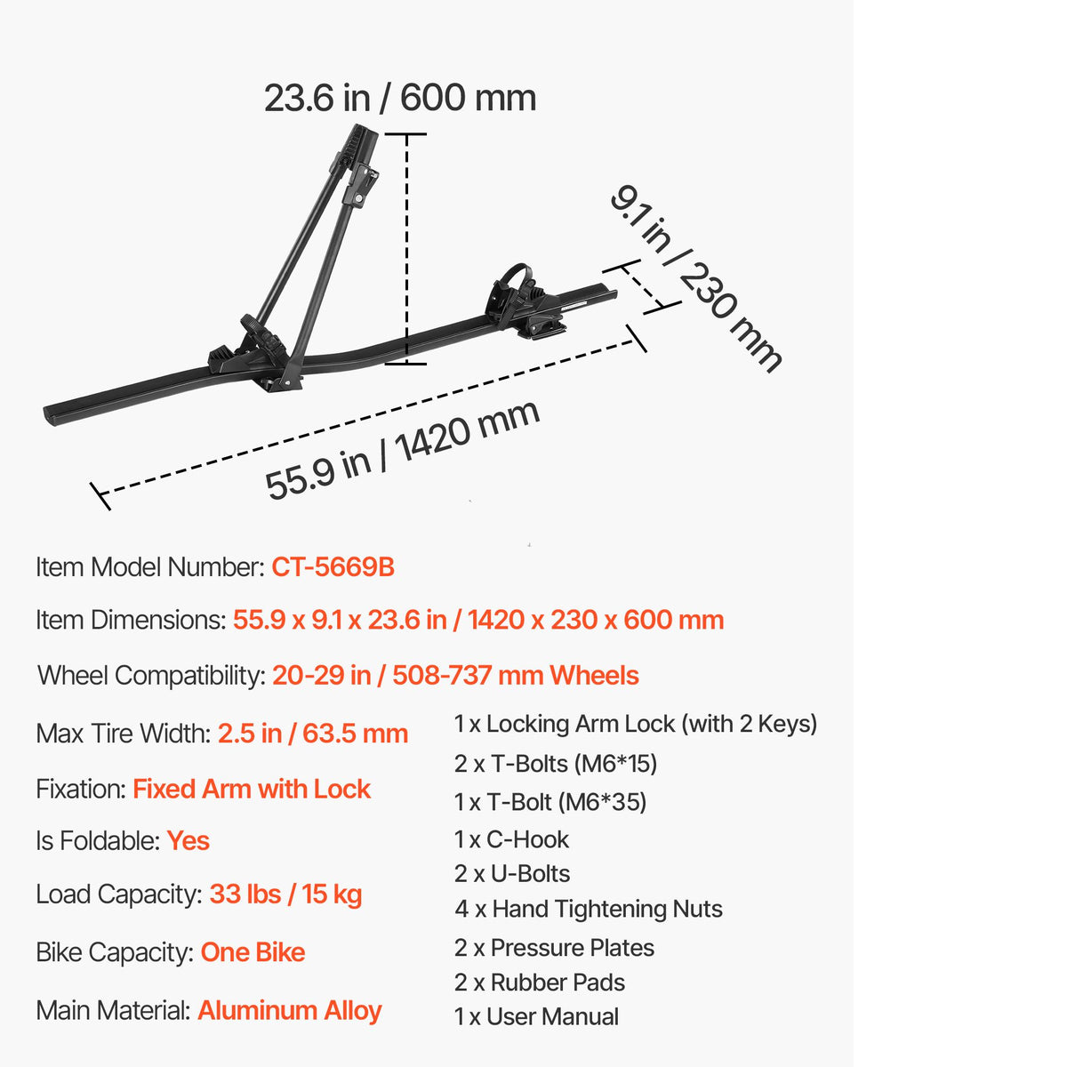 Roof Bike Rack, 15 kg Capacity, Upright Roof Mount Bicycle Rack with Secure Locking System for Most Standard Crossbars, Aluminum Upright Rooftop Bike Rack, 1 Bike Carrier for Car SUV, Black