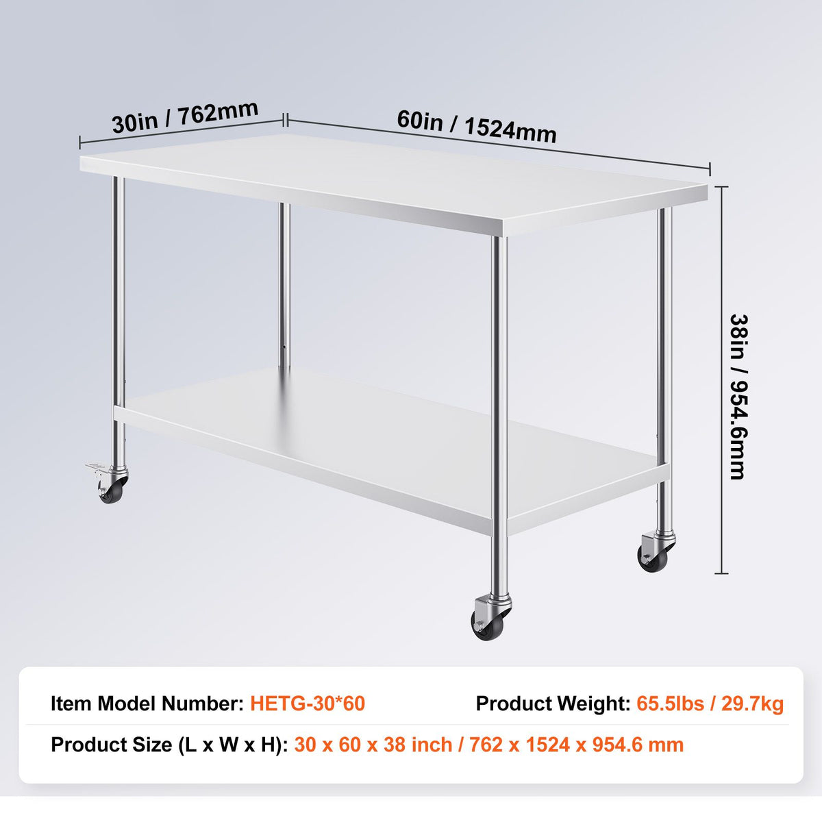 Stainless Steel Work Table 30 x 60 x 38 Inch, with 4 Wheels, 3 Adjustable Height Levels, Heavy Duty Food Prep Worktable for Commercial Kitchen Restaurant, Silver