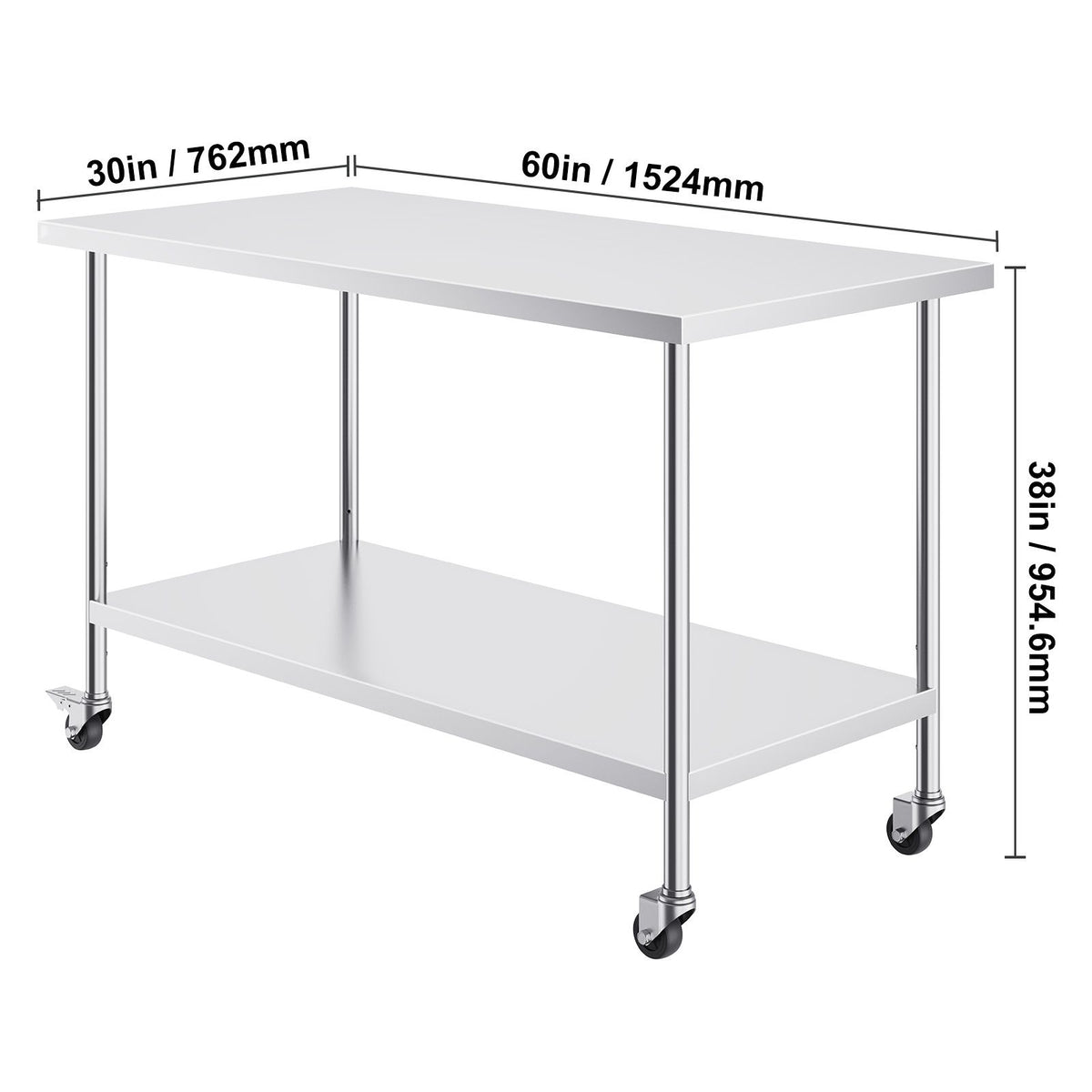 Stainless Steel Work Table 30 x 60 x 38 Inch, with 4 Wheels, 3 Adjustable Height Levels, Heavy Duty Food Prep Worktable for Commercial Kitchen Restaurant, Silver