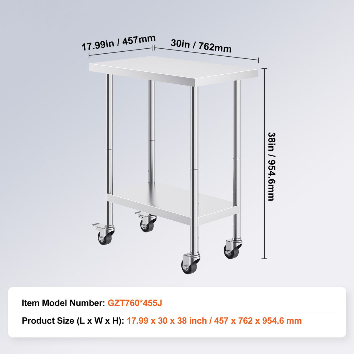 Stainless Steel Work Table 30 x 18 x 38 Inch, with 4 Wheels, 3 Adjustable Height Levels, Heavy Duty Food Prep Worktable for Commercial Kitchen Restaurant, Silver