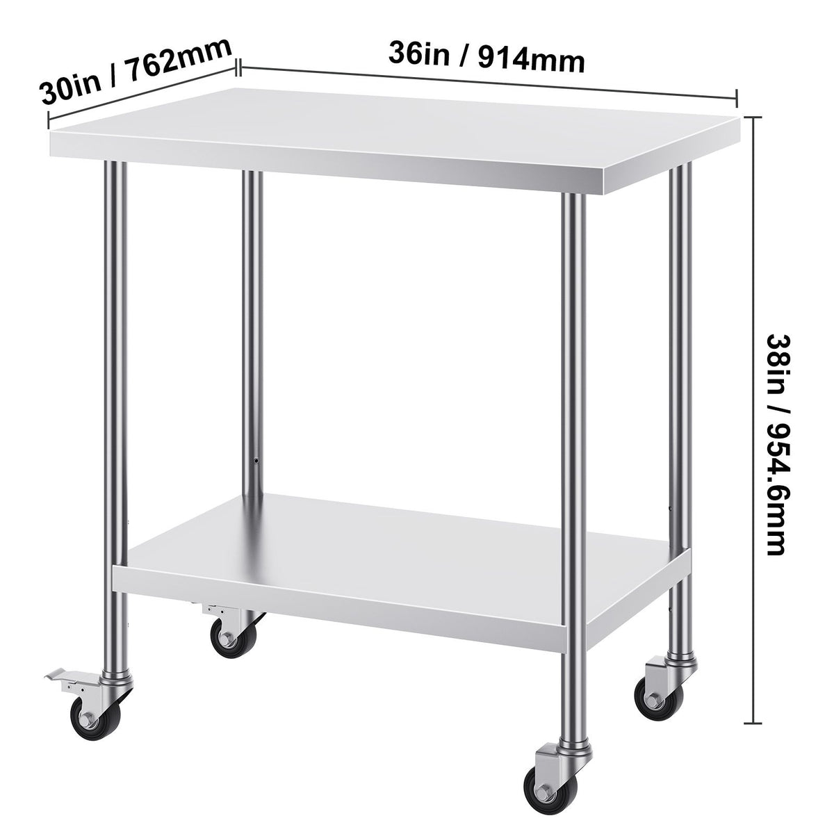 Stainless Steel Work Table 30 x 18 x 38 Inch, with 4 Wheels, 3 Adjustable Height Levels, Heavy Duty Food Prep Worktable for Commercial Kitchen Restaurant, Silver