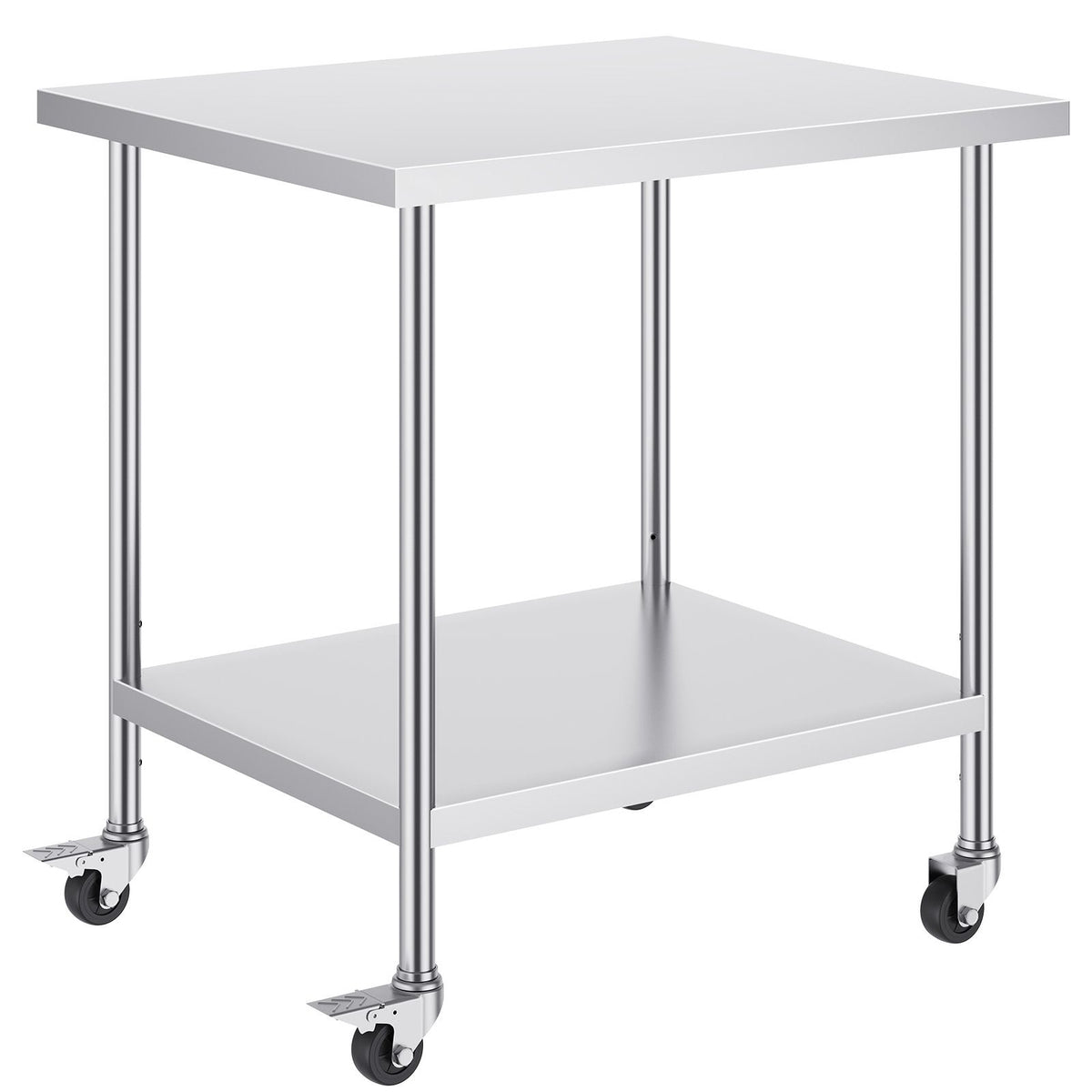 Stainless Steel Work Table 30 x 18 x 38 Inch, with 4 Wheels, 3 Adjustable Height Levels, Heavy Duty Food Prep Worktable for Commercial Kitchen Restaurant, Silver