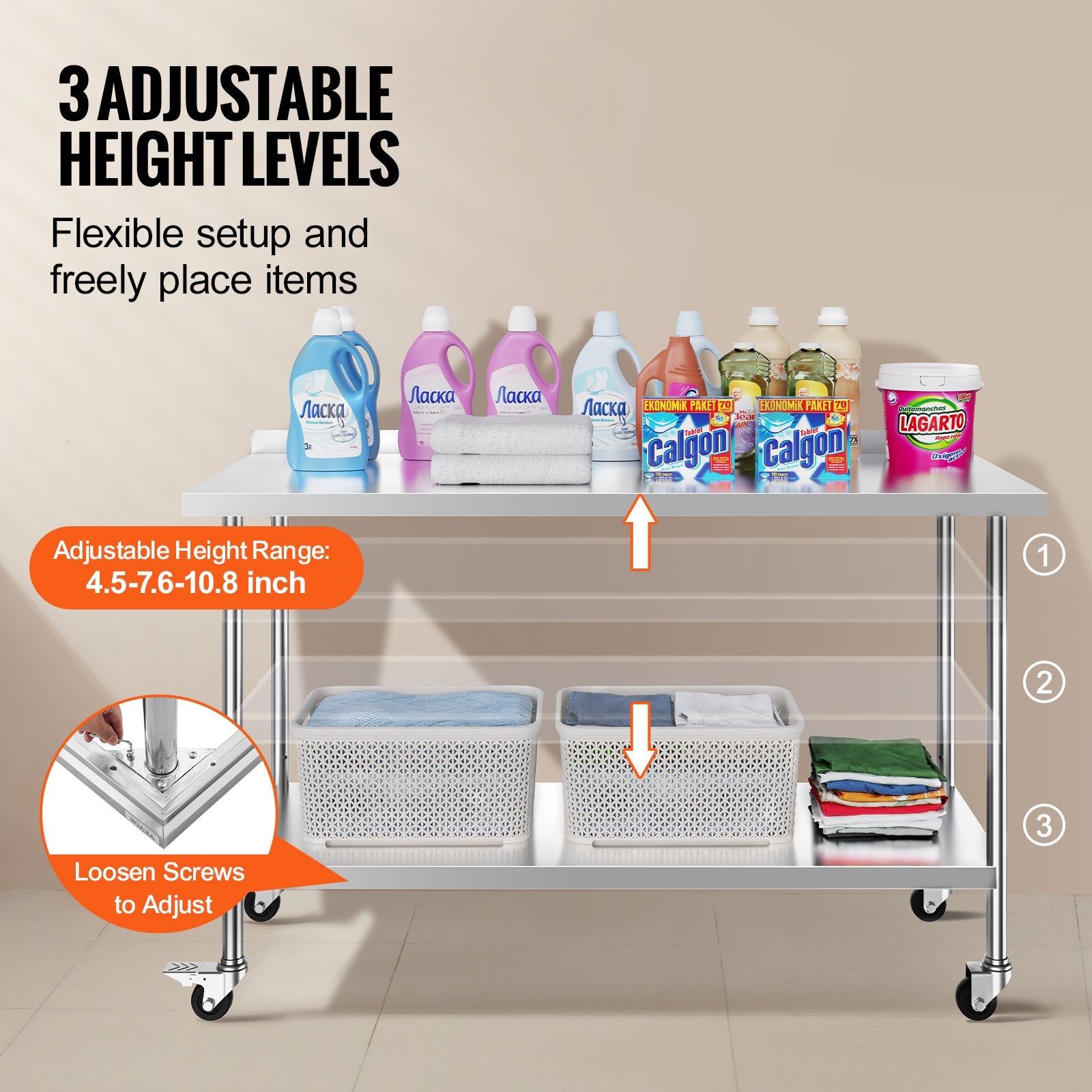 Basketball & Basketball Accessories: VEVOR 24 x 60 x 40 Inch Stainless Steel Work Table, Commercial Food Prep Worktable with Casters, Heavy Duty Prep Worktable, Metal Work Table with Adjustable Height for Restaurant, Home and Hotel