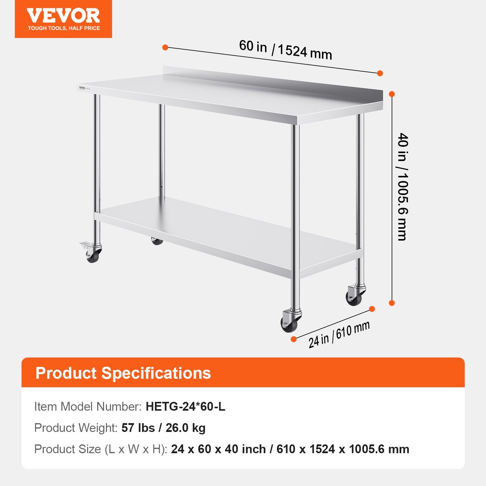 Basketball & Basketball Accessories: VEVOR 24 x 60 x 40 Inch Stainless Steel Work Table, Commercial Food Prep Worktable with Casters, Heavy Duty Prep Worktable, Metal Work Table with Adjustable Height for Restaurant, Home and Hotel
