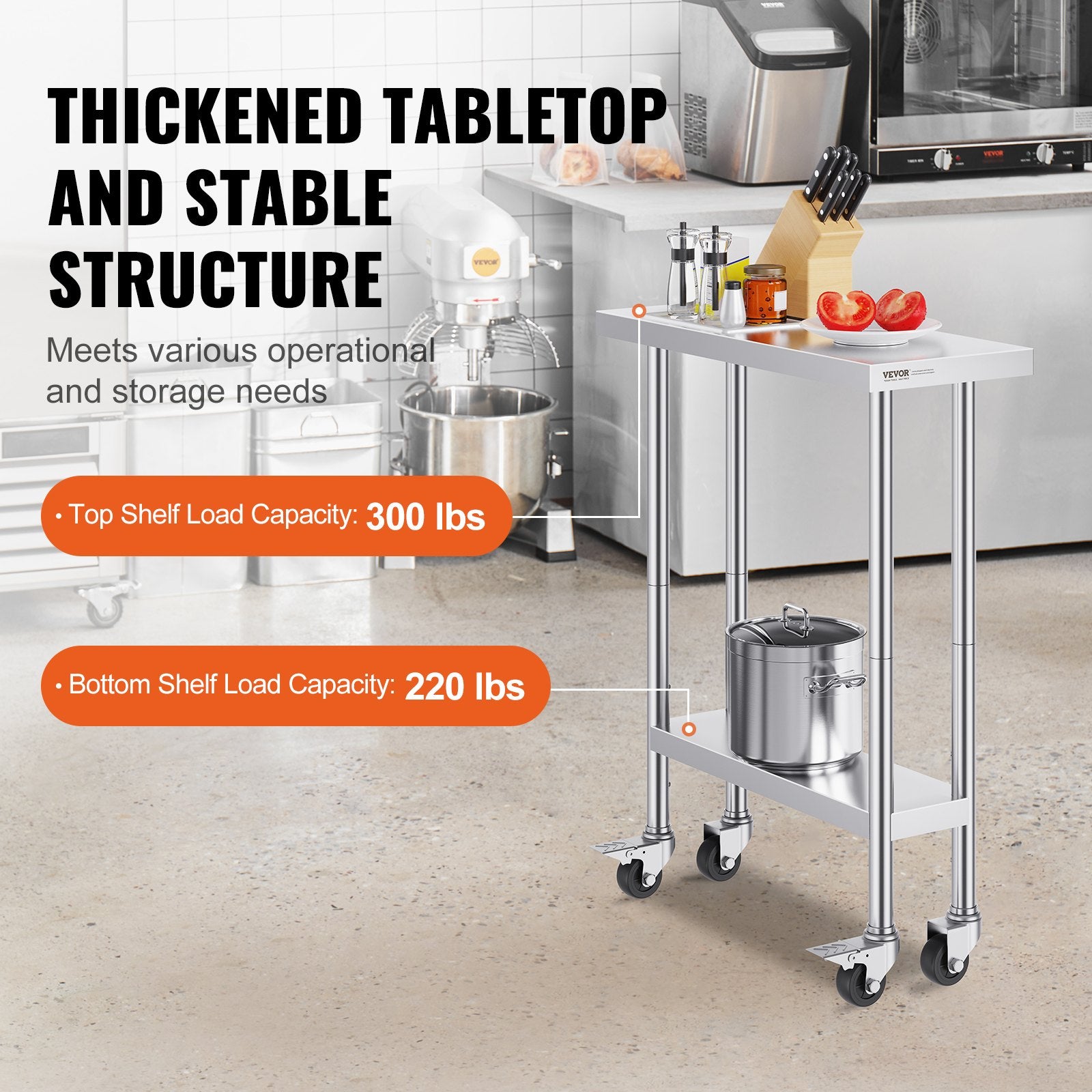 Dining Tables: VEVOR Stainless Steel Work Table 30 x 12 x 38 Inch, with 4 Wheels, 3 Adjustable Height Levels, Heavy Duty Food Prep Worktable for Commercial Kitchen Restaurant, Silver