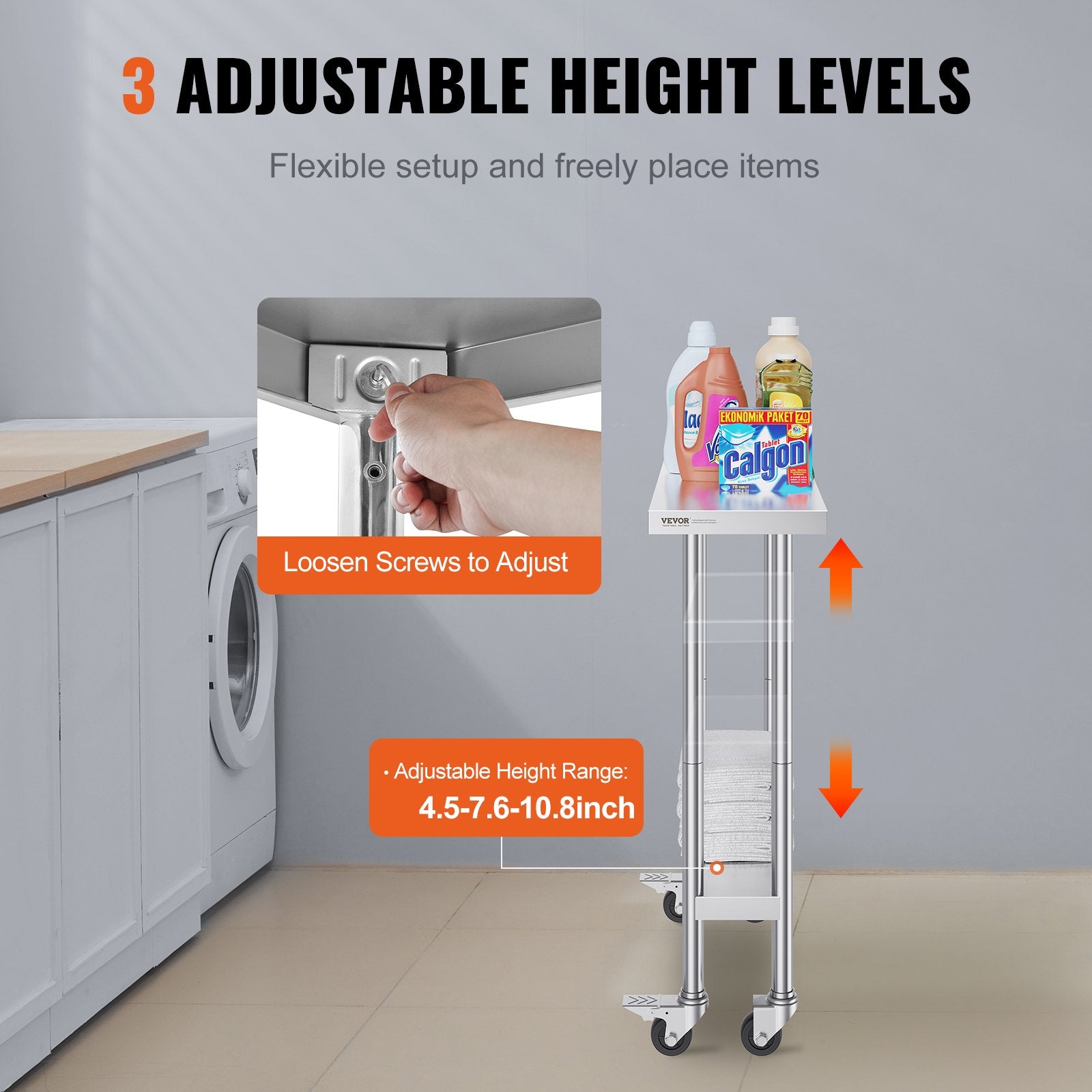 Dining Tables: VEVOR Stainless Steel Work Table 30 x 12 x 38 Inch, with 4 Wheels, 3 Adjustable Height Levels, Heavy Duty Food Prep Worktable for Commercial Kitchen Restaurant, Silver
