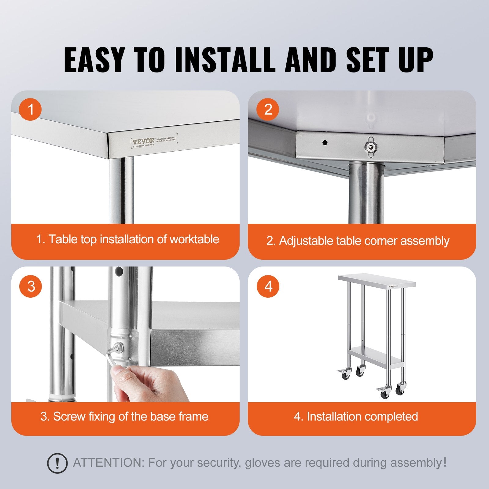 Dining Tables: VEVOR Stainless Steel Work Table 30 x 12 x 38 Inch, with 4 Wheels, 3 Adjustable Height Levels, Heavy Duty Food Prep Worktable for Commercial Kitchen Restaurant, Silver