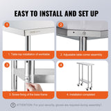 Dining Tables: VEVOR Stainless Steel Work Table 30 x 12 x 38 Inch, with 4 Wheels, 3 Adjustable Height Levels, Heavy Duty Food Prep Worktable for Commercial Kitchen Restaurant, Silver