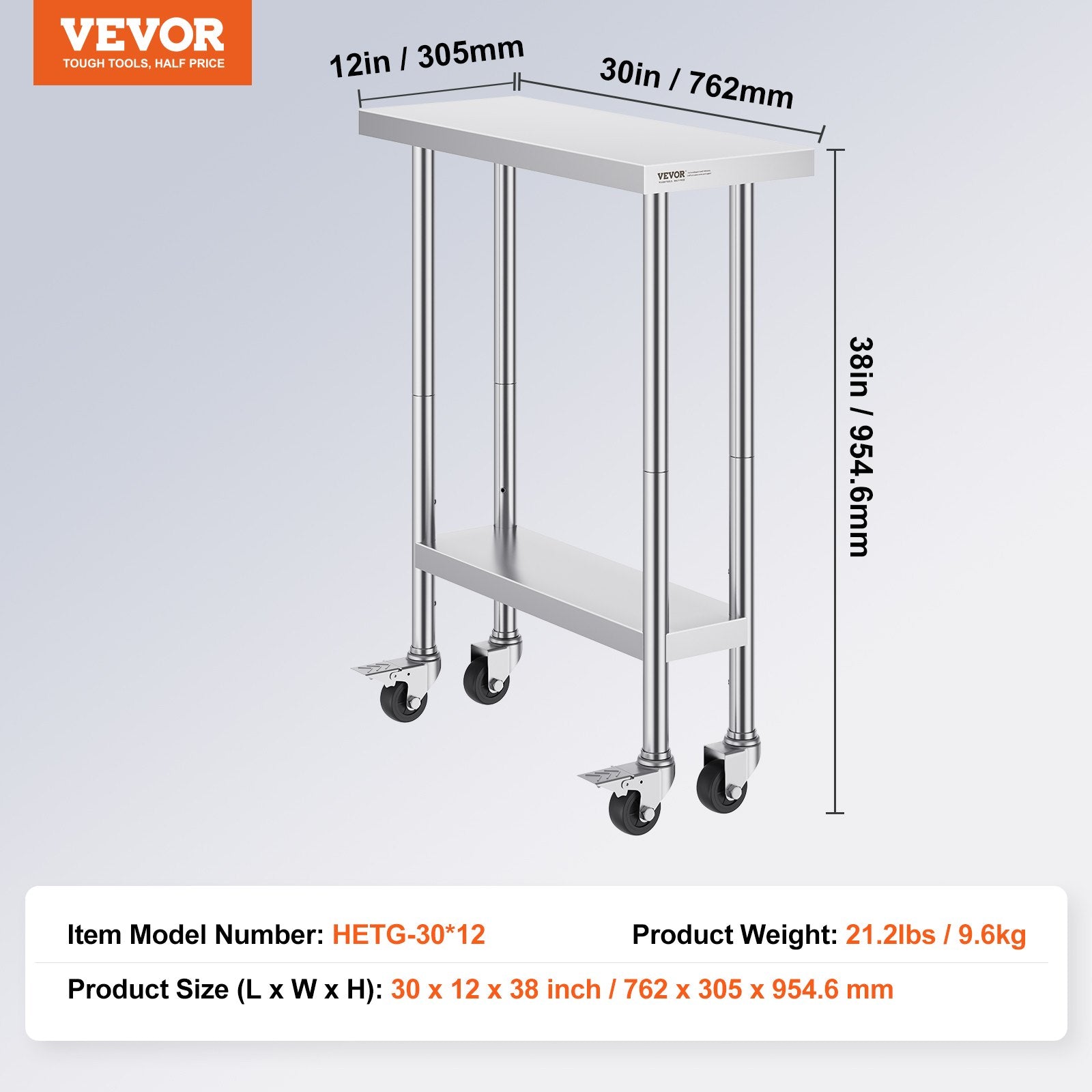 Dining Tables: VEVOR Stainless Steel Work Table 30 x 12 x 38 Inch, with 4 Wheels, 3 Adjustable Height Levels, Heavy Duty Food Prep Worktable for Commercial Kitchen Restaurant, Silver