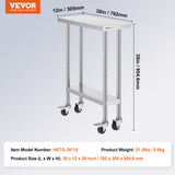 Dining Tables: VEVOR Stainless Steel Work Table 30 x 12 x 38 Inch, with 4 Wheels, 3 Adjustable Height Levels, Heavy Duty Food Prep Worktable for Commercial Kitchen Restaurant, Silver