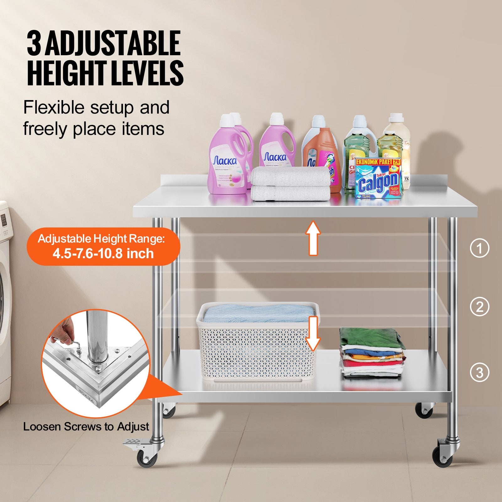 Basketball & Basketball Accessories: VEVOR 24 x 48 x 40 Inch Stainless Steel Work Table, Commercial Food Prep Worktable with Casters, Heavy Duty Prep Worktable, Metal Work Table with Adjustable Height for Restaurant, Home and Hotel