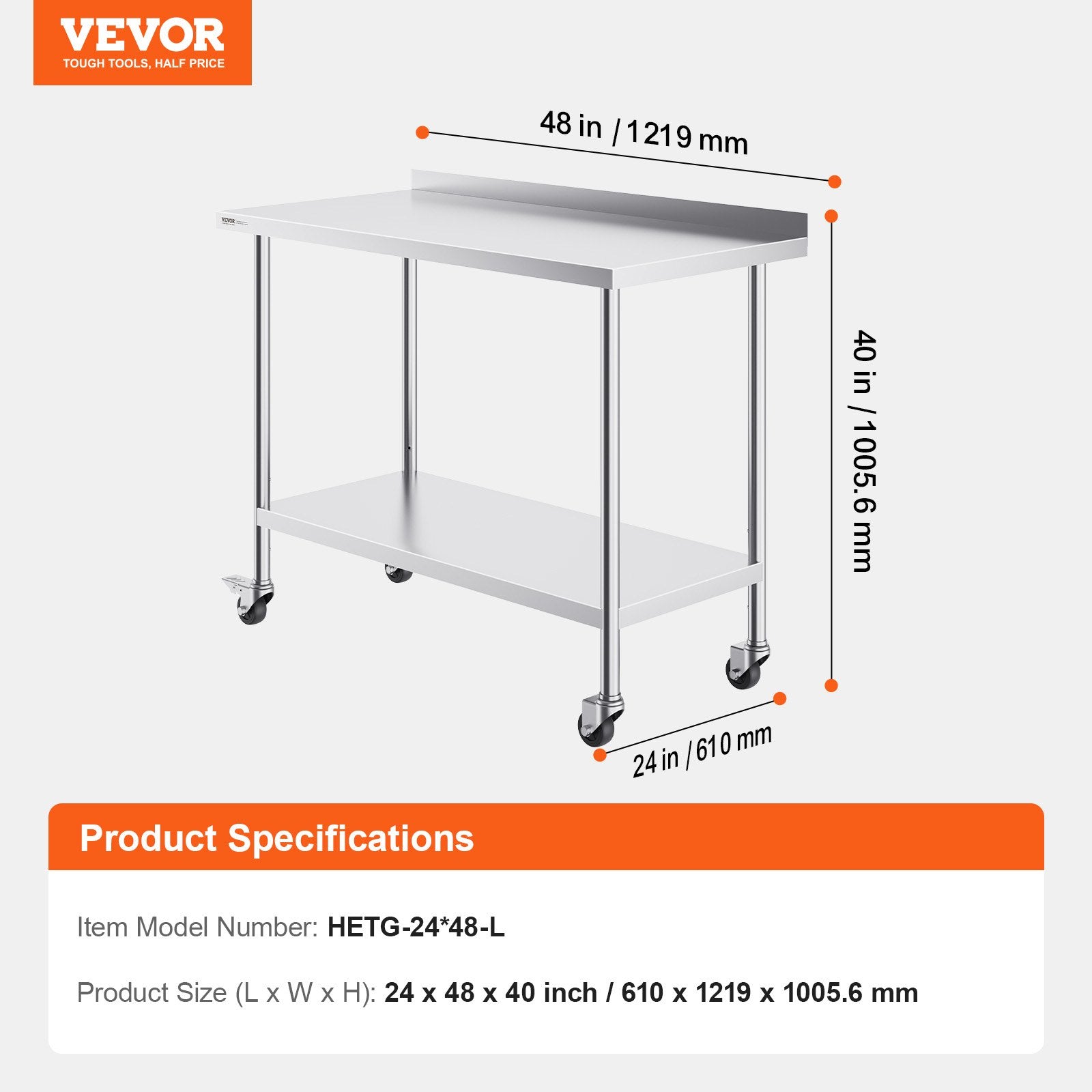 Basketball & Basketball Accessories: VEVOR 24 x 48 x 40 Inch Stainless Steel Work Table, Commercial Food Prep Worktable with Casters, Heavy Duty Prep Worktable, Metal Work Table with Adjustable Height for Restaurant, Home and Hotel