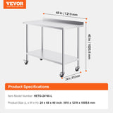 Basketball & Basketball Accessories: VEVOR 24 x 48 x 40 Inch Stainless Steel Work Table, Commercial Food Prep Worktable with Casters, Heavy Duty Prep Worktable, Metal Work Table with Adjustable Height for Restaurant, Home and Hotel
