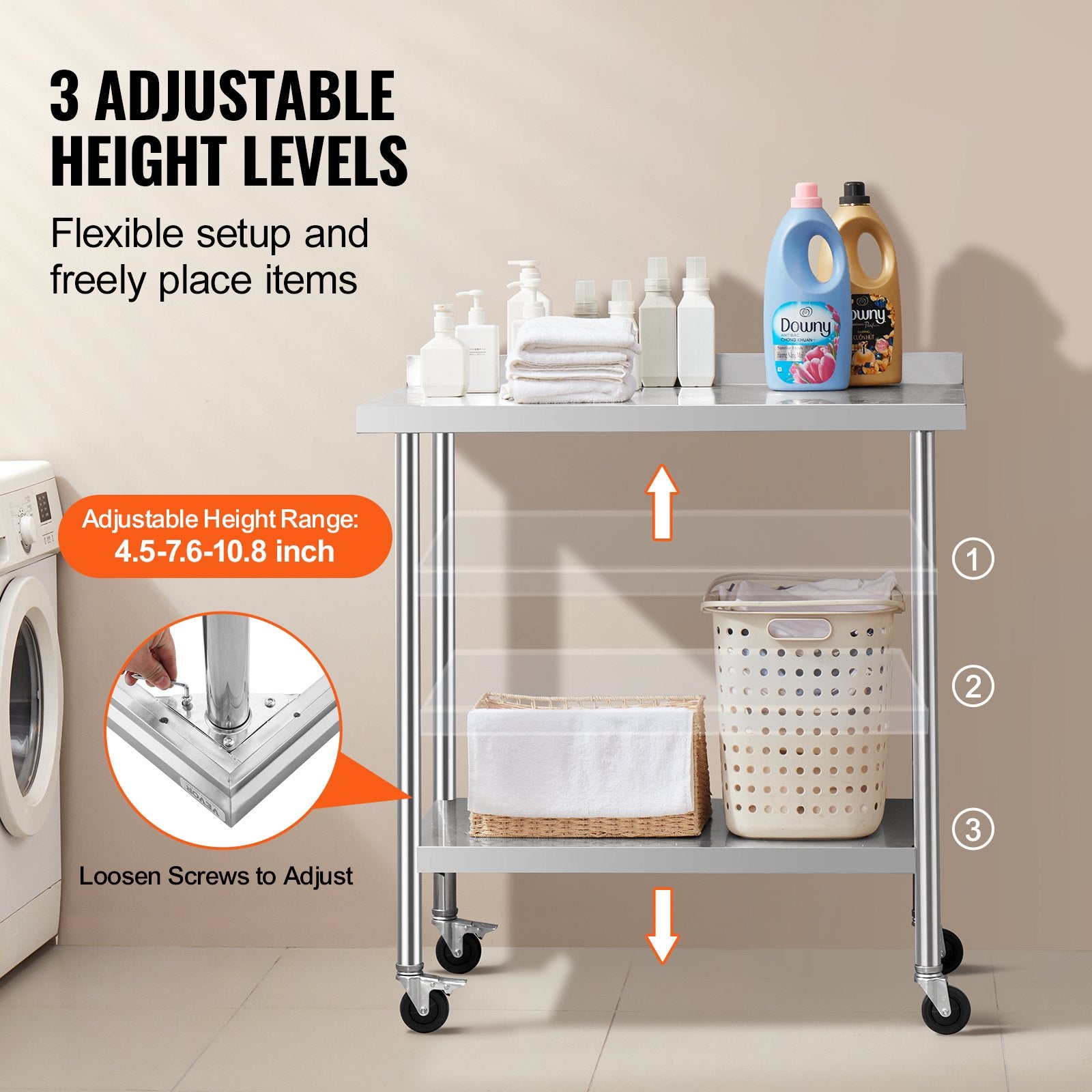 Basketball & Basketball Accessories: VEVOR 24 x 36 x 40 Inch Stainless Steel Work Table, Commercial Food Prep Worktable with Casters, Heavy Duty Prep Worktable, Metal Work Table with Adjustable Height for Restaurant, Home and Hotel
