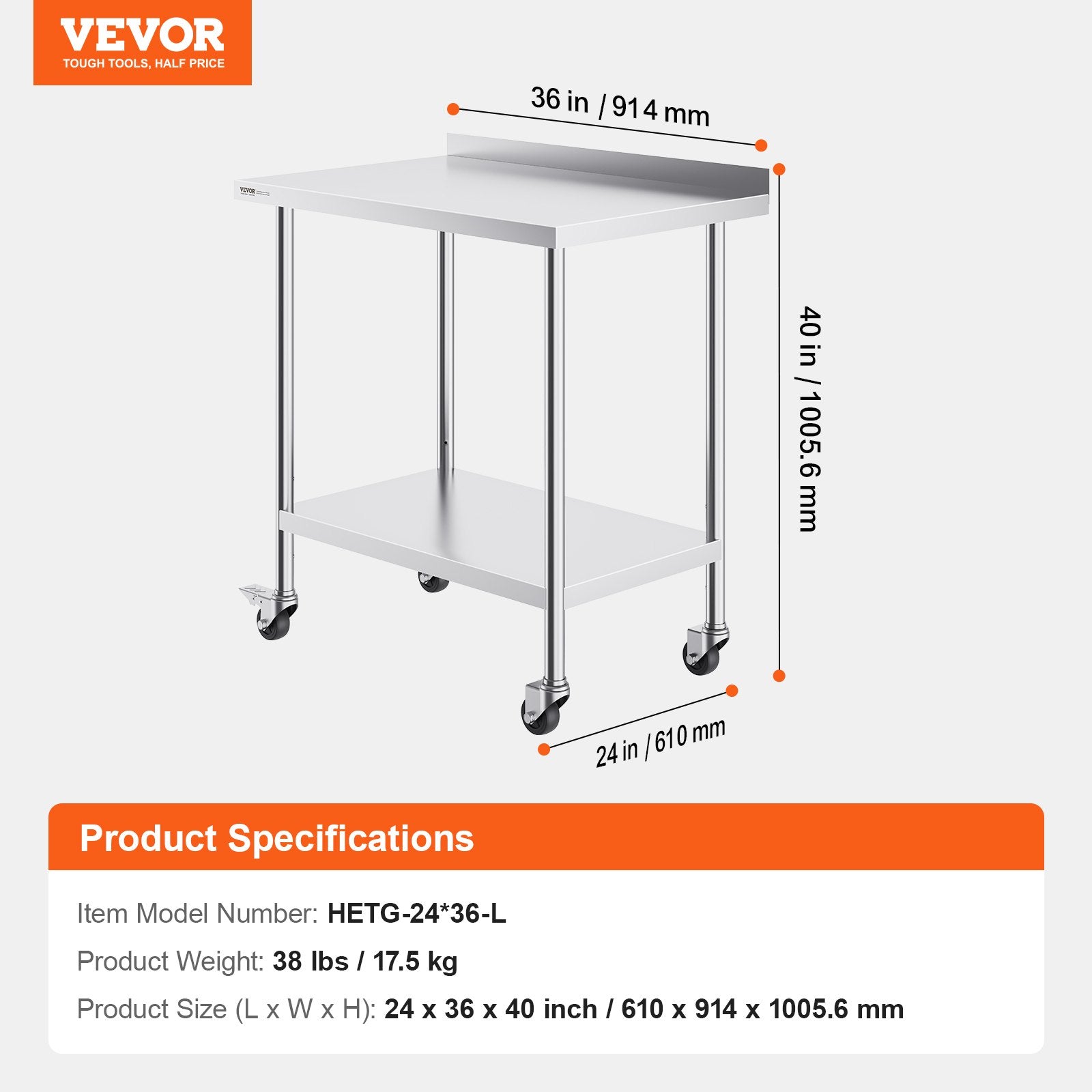 Basketball & Basketball Accessories: VEVOR 24 x 36 x 40 Inch Stainless Steel Work Table, Commercial Food Prep Worktable with Casters, Heavy Duty Prep Worktable, Metal Work Table with Adjustable Height for Restaurant, Home and Hotel