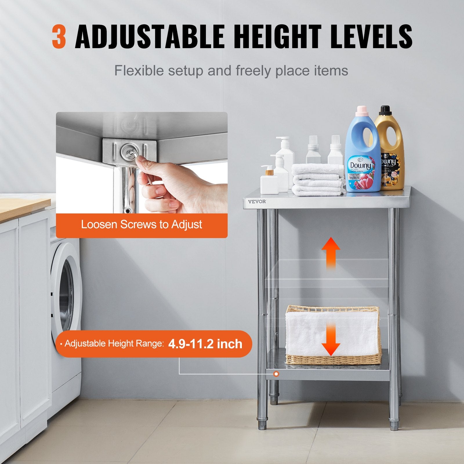 Kid's Tables, Chairs & Seats: VEVOR Stainless Steel Prep Table, 24 x 24 x 34 Inch, Heavy Duty Metal Worktable with 3 Adjustable Height Levels, Commercial Workstation for Kitchen Garage Restaurant Backyard
