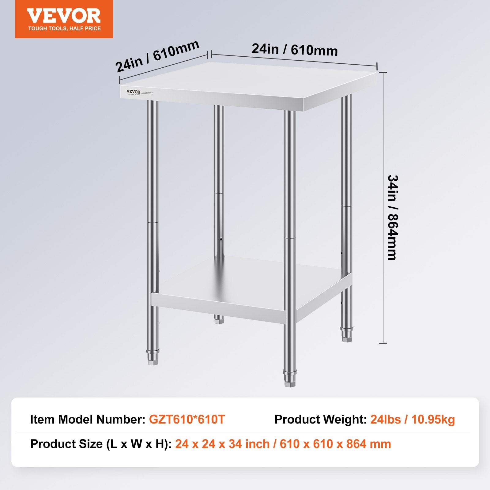 Kid's Tables, Chairs & Seats: VEVOR Stainless Steel Prep Table, 24 x 24 x 34 Inch, Heavy Duty Metal Worktable with 3 Adjustable Height Levels, Commercial Workstation for Kitchen Garage Restaurant Backyard