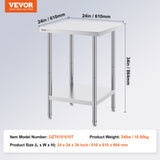Kid's Tables, Chairs & Seats: VEVOR Stainless Steel Prep Table, 24 x 24 x 34 Inch, Heavy Duty Metal Worktable with 3 Adjustable Height Levels, Commercial Workstation for Kitchen Garage Restaurant Backyard