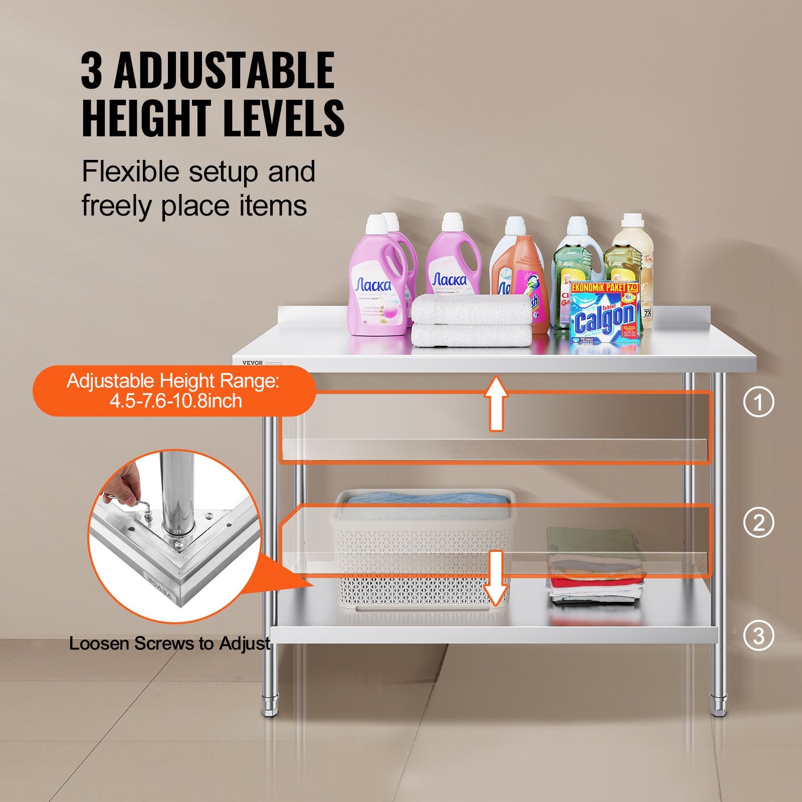 Basketball & Basketball Accessories: VEVOR 24 x 48 x 36 Inch Stainless Steel Work Table, Commercial Food Prep Worktable Heavy Duty Prep Worktable, Metal Work Table with Adjustable Height for Restaurant, Home and Hotel