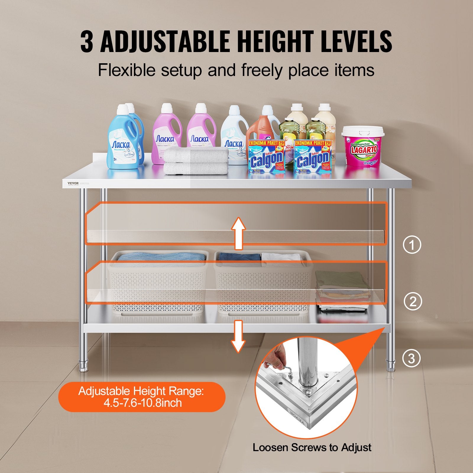 Basketball & Basketball Accessories: VEVOR 24 x 60 x 36 Inch Stainless Steel Work Table, Commercial Food Prep Worktable Heavy Duty Prep Worktable, Metal Work Table with Adjustable Height for Restaurant, Home and Hotel
