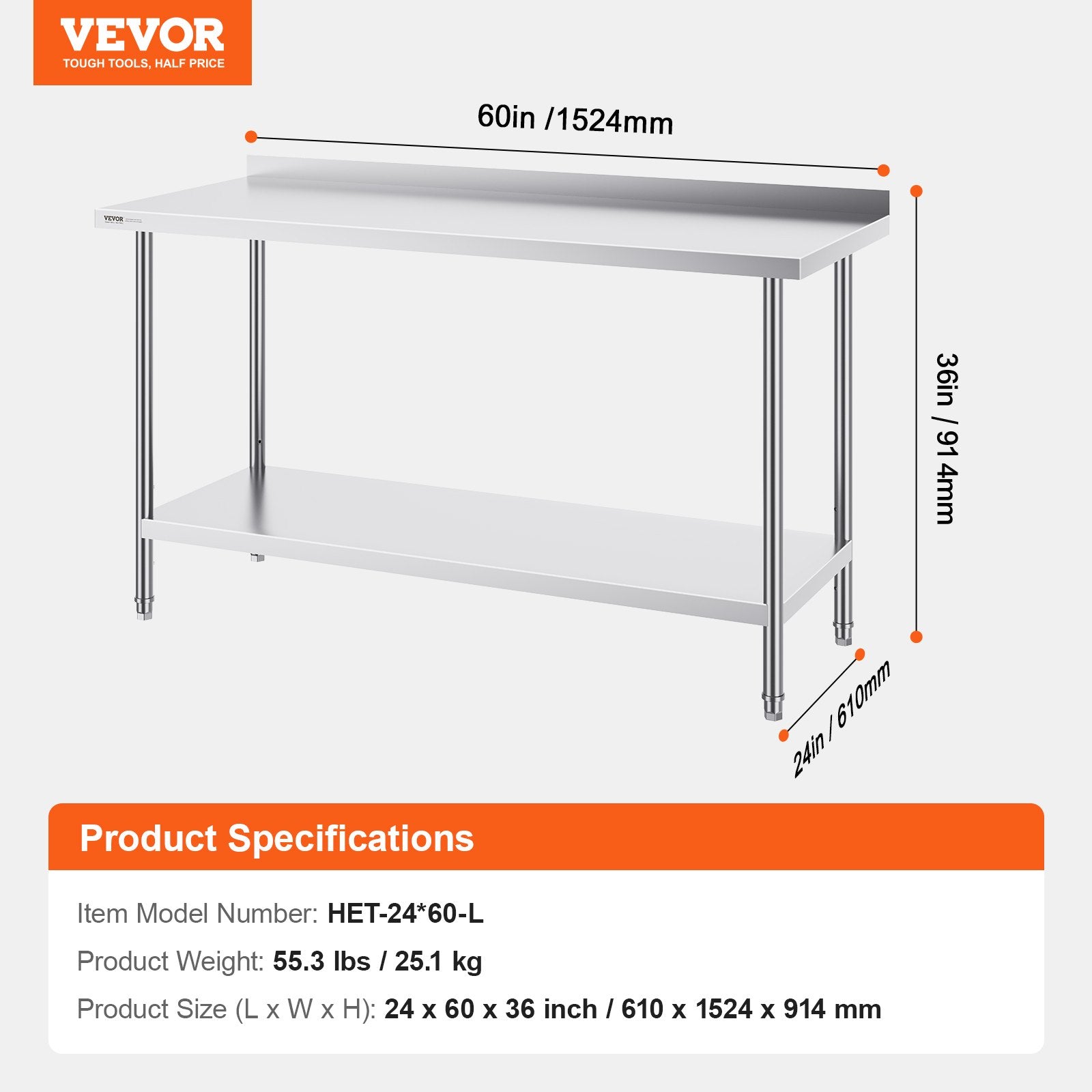 Basketball & Basketball Accessories: VEVOR 24 x 60 x 36 Inch Stainless Steel Work Table, Commercial Food Prep Worktable Heavy Duty Prep Worktable, Metal Work Table with Adjustable Height for Restaurant, Home and Hotel