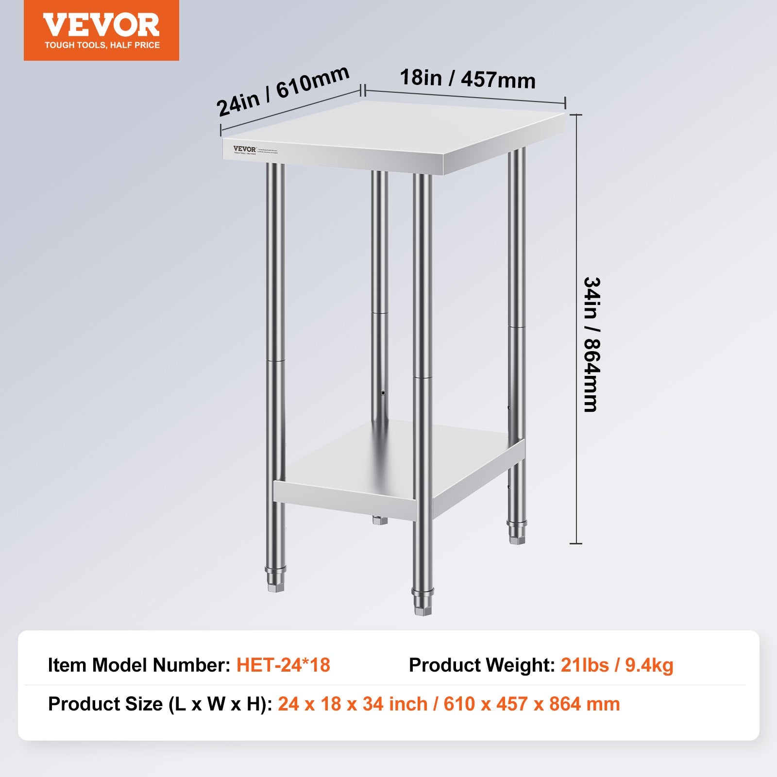 Basketball & Basketball Accessories: VEVOR Stainless Steel Prep Table, 24 x 18 x 34 Inch, Heavy Duty Metal Worktable with 3 Adjustable Height Levels, Commercial Workstation for Kitchen Garage Restaurant Backyard