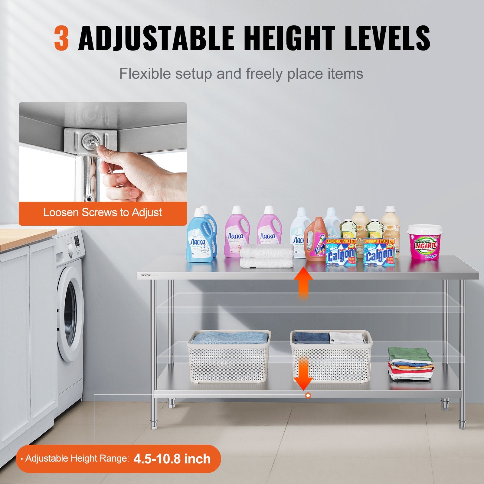 Basketball & Basketball Accessories: VEVOR Stainless Steel Prep Table, 24 x 72 x 34 Inch, Heavy Duty Metal Worktable with 3 Adjustable Height Levels, Commercial Workstation for Kitchen Garage Restaurant Backyard