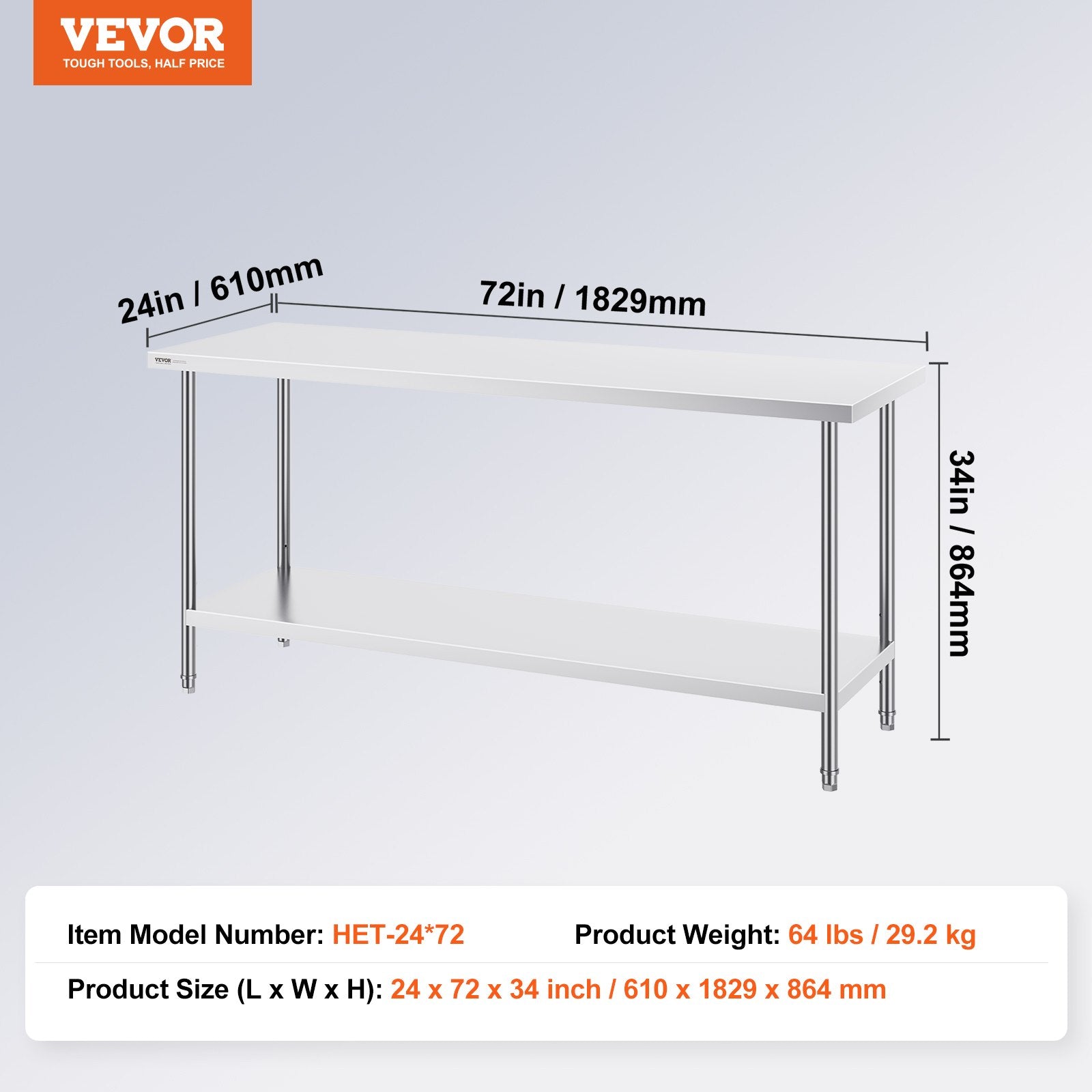 Basketball & Basketball Accessories: VEVOR Stainless Steel Prep Table, 24 x 72 x 34 Inch, Heavy Duty Metal Worktable with 3 Adjustable Height Levels, Commercial Workstation for Kitchen Garage Restaurant Backyard