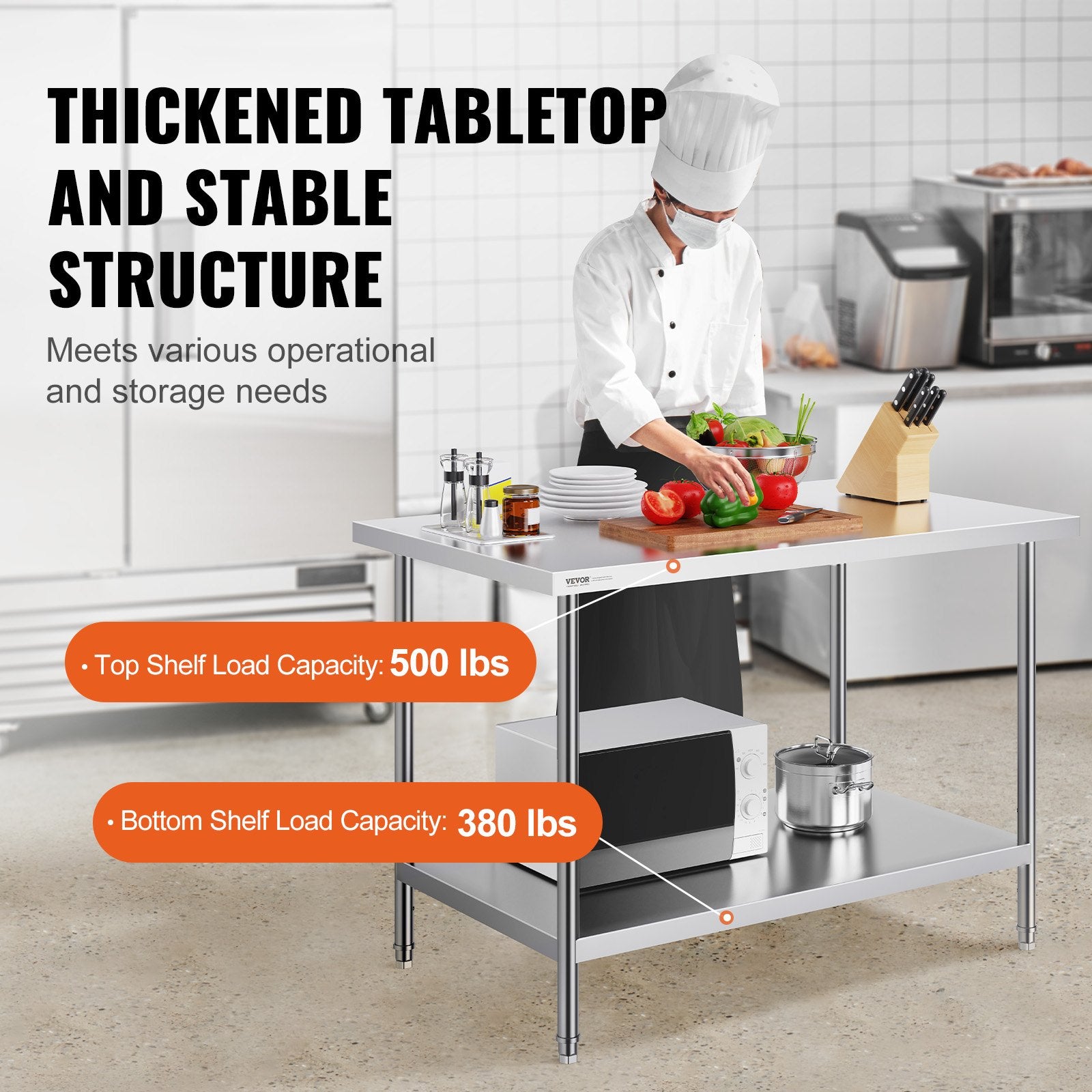 Basketball & Basketball Accessories: VEVOR Stainless Steel Prep Table, 30 x 48 x 34 Inch, Heavy Duty Metal Worktable with 3 Adjustable Height Levels, Commercial Workstation for Kitchen Garage Restaurant Backyard