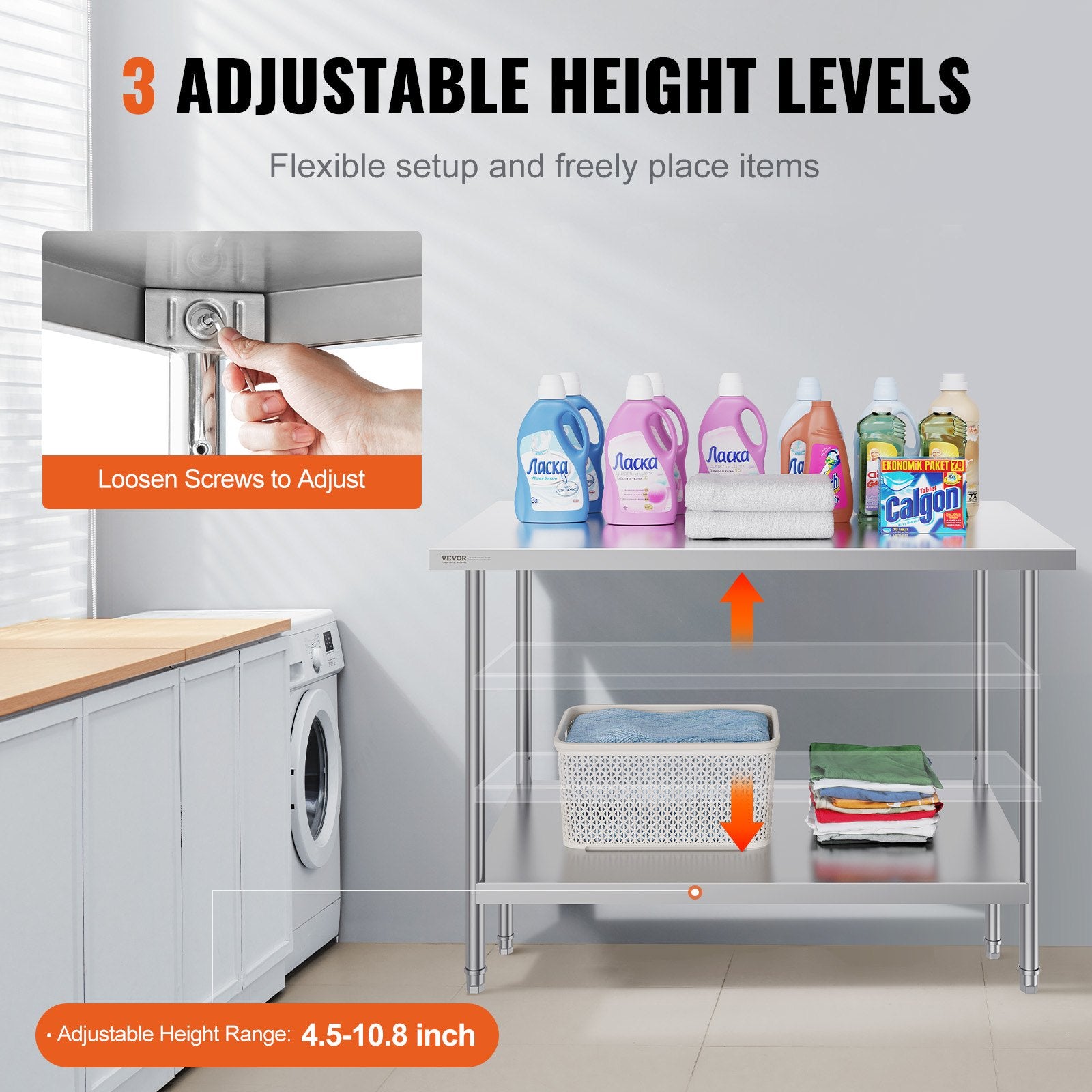 Basketball & Basketball Accessories: VEVOR Stainless Steel Prep Table, 30 x 48 x 34 Inch, Heavy Duty Metal Worktable with 3 Adjustable Height Levels, Commercial Workstation for Kitchen Garage Restaurant Backyard