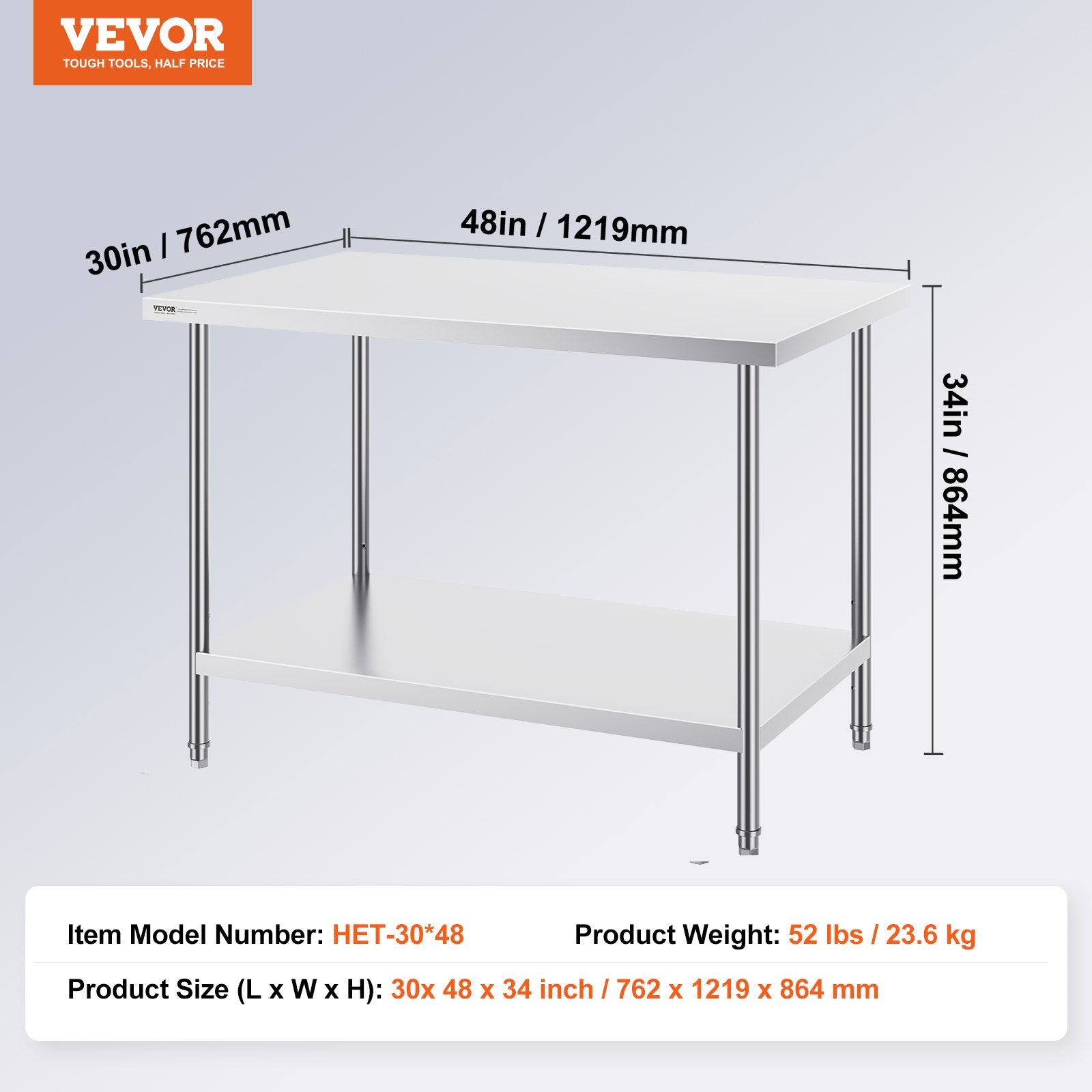 Basketball & Basketball Accessories: VEVOR Stainless Steel Prep Table, 30 x 48 x 34 Inch, Heavy Duty Metal Worktable with 3 Adjustable Height Levels, Commercial Workstation for Kitchen Garage Restaurant Backyard