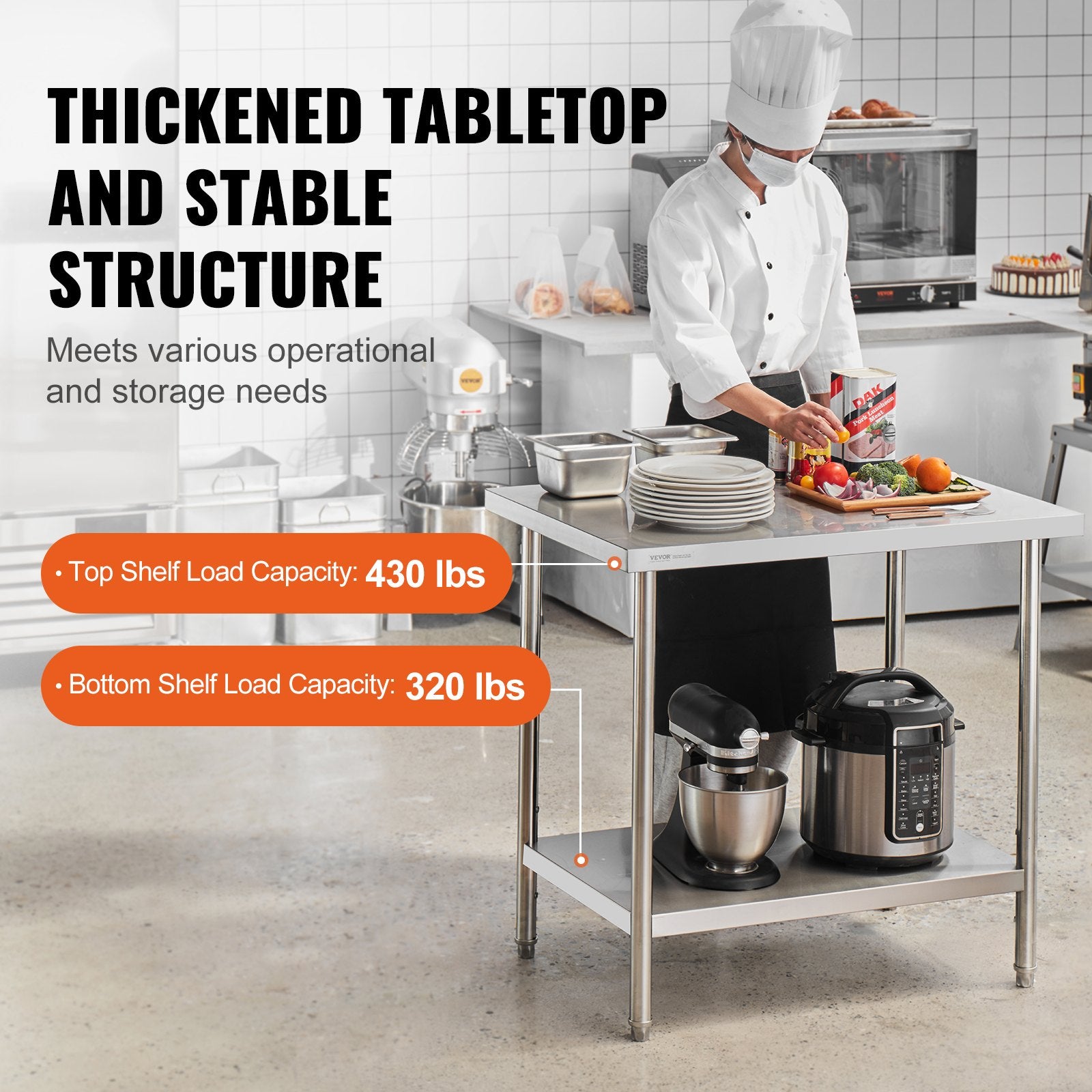 Basketball & Basketball Accessories: VEVOR Stainless Steel Prep Table, 24 x 36 x 34 Inch, Heavy Duty Metal Worktable with 3 Adjustable Height Levels, Commercial Workstation for Kitchen Garage Restaurant Backyard