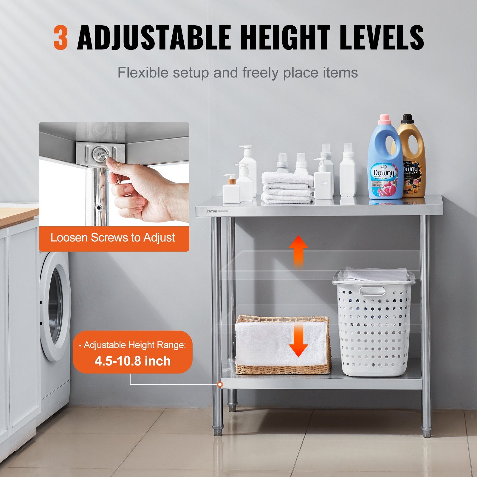 Basketball & Basketball Accessories: VEVOR Stainless Steel Prep Table, 24 x 36 x 34 Inch, Heavy Duty Metal Worktable with 3 Adjustable Height Levels, Commercial Workstation for Kitchen Garage Restaurant Backyard