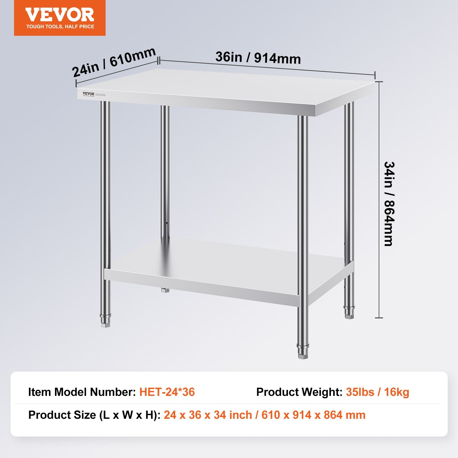 Basketball & Basketball Accessories: VEVOR Stainless Steel Prep Table, 24 x 36 x 34 Inch, Heavy Duty Metal Worktable with 3 Adjustable Height Levels, Commercial Workstation for Kitchen Garage Restaurant Backyard