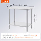 Basketball & Basketball Accessories: VEVOR Stainless Steel Prep Table, 24 x 36 x 34 Inch, Heavy Duty Metal Worktable with 3 Adjustable Height Levels, Commercial Workstation for Kitchen Garage Restaurant Backyard