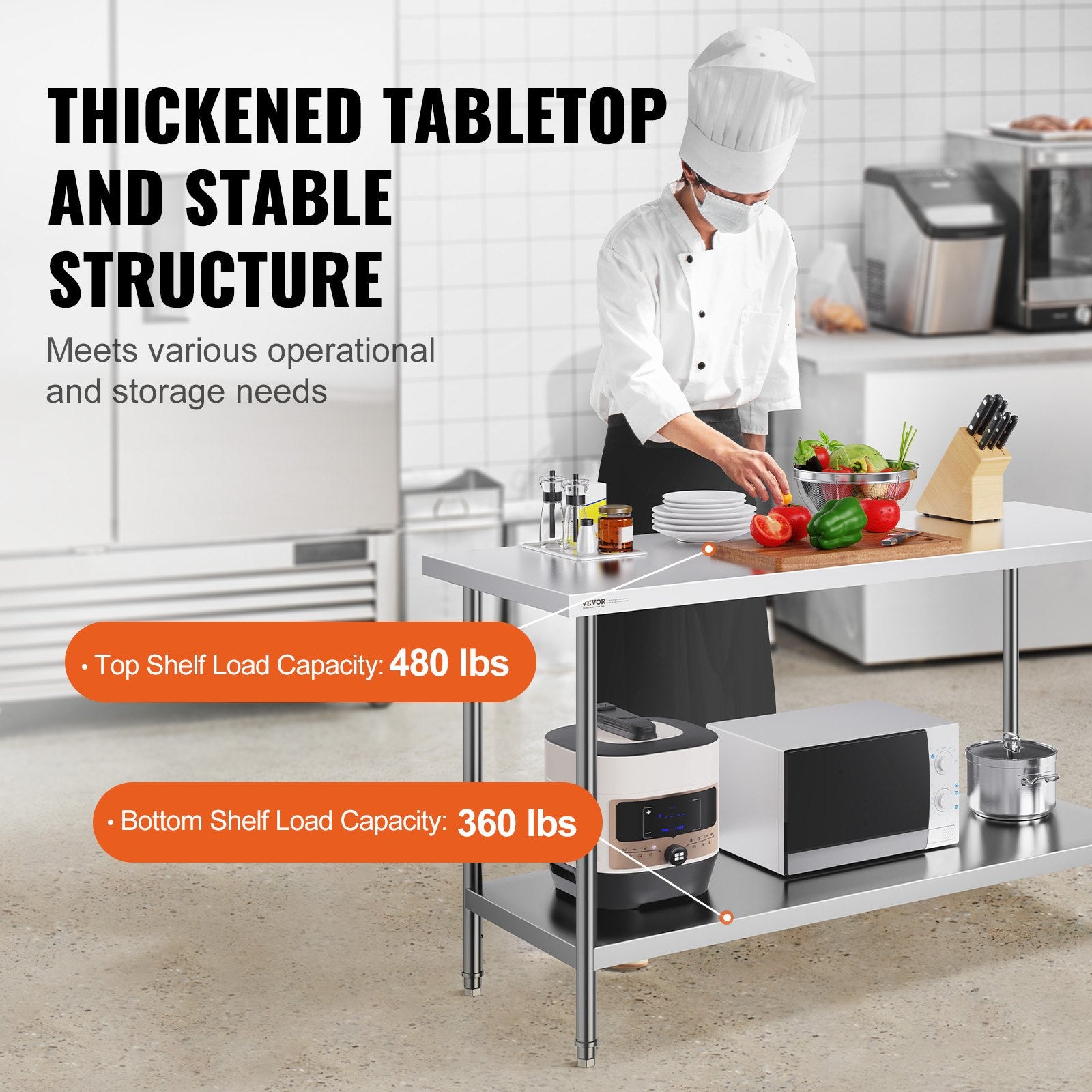 Food Warmers & Chafing Dishes: VEVOR Stainless Steel Work Prep Table Commercial Worktable Food Prep 24x60x34in
