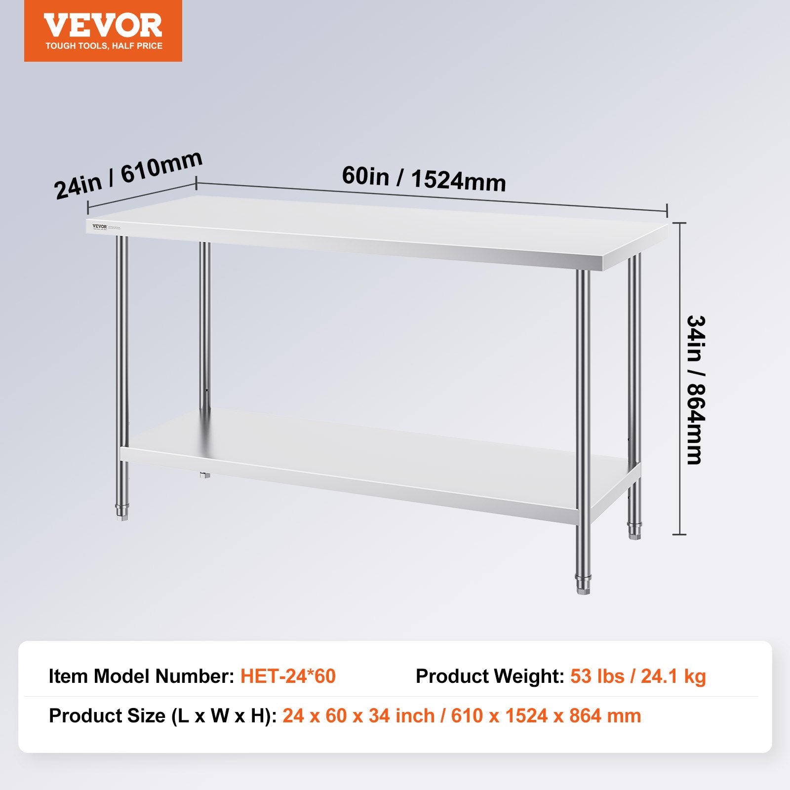 Food Warmers & Chafing Dishes: VEVOR Stainless Steel Work Prep Table Commercial Worktable Food Prep 24x60x34in
