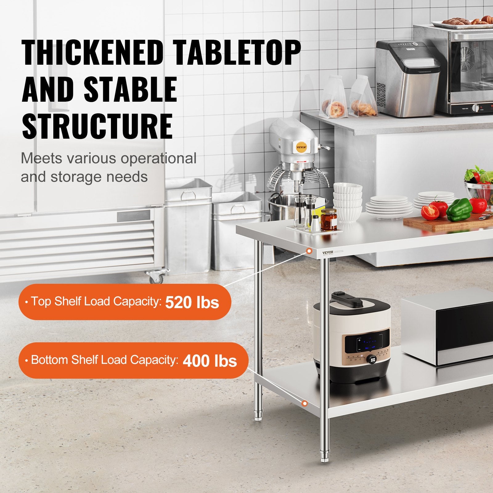 Basketball & Basketball Accessories: VEVOR Stainless Steel Prep Table, 30 x 72 x 34 Inch, Heavy Duty Metal Worktable with 3 Adjustable Height Levels, Commercial Workstation for Kitchen Garage Restaurant Backyard