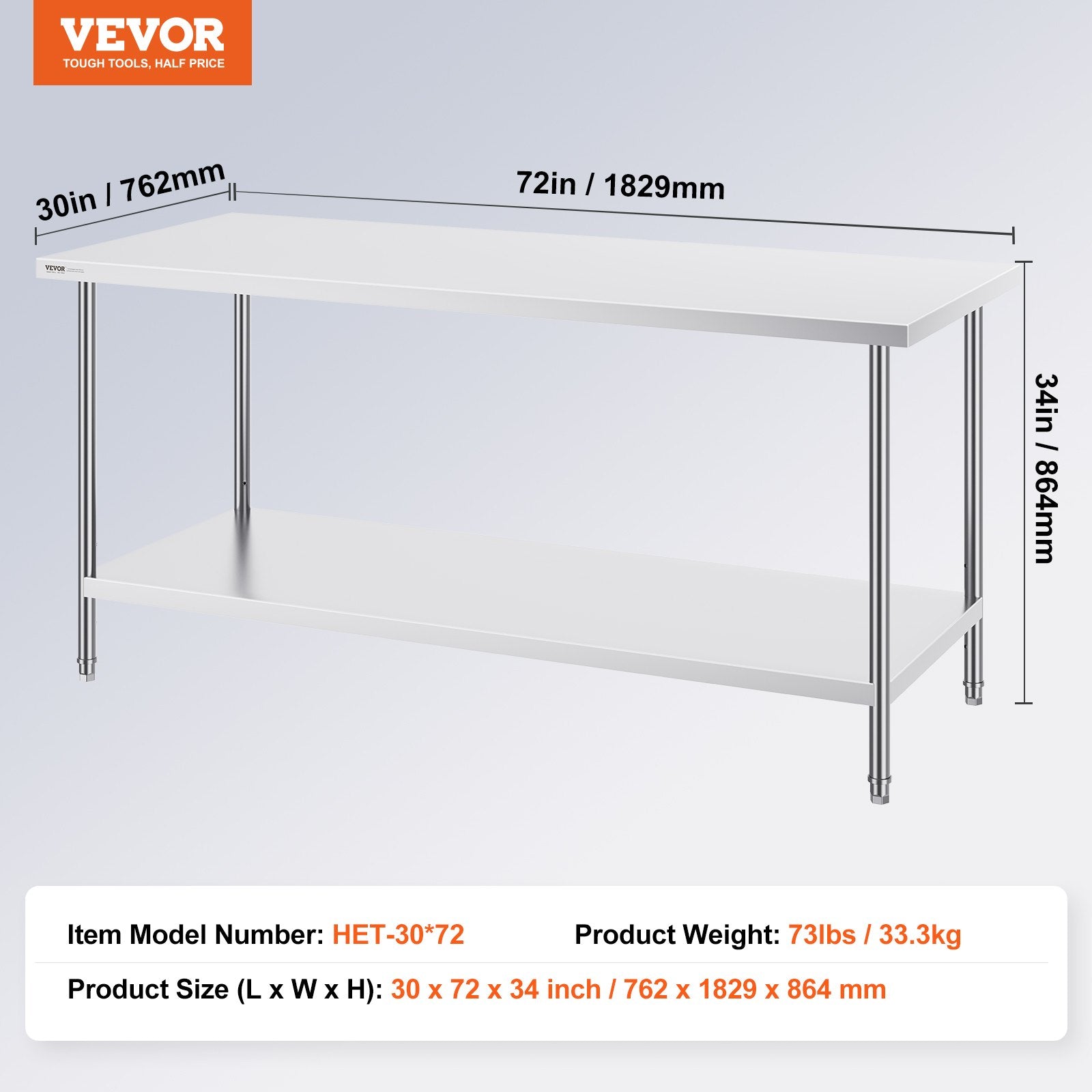 Basketball & Basketball Accessories: VEVOR Stainless Steel Prep Table, 30 x 72 x 34 Inch, Heavy Duty Metal Worktable with 3 Adjustable Height Levels, Commercial Workstation for Kitchen Garage Restaurant Backyard