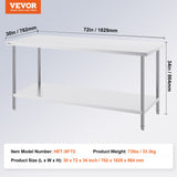Basketball & Basketball Accessories: VEVOR Stainless Steel Prep Table, 30 x 72 x 34 Inch, Heavy Duty Metal Worktable with 3 Adjustable Height Levels, Commercial Workstation for Kitchen Garage Restaurant Backyard