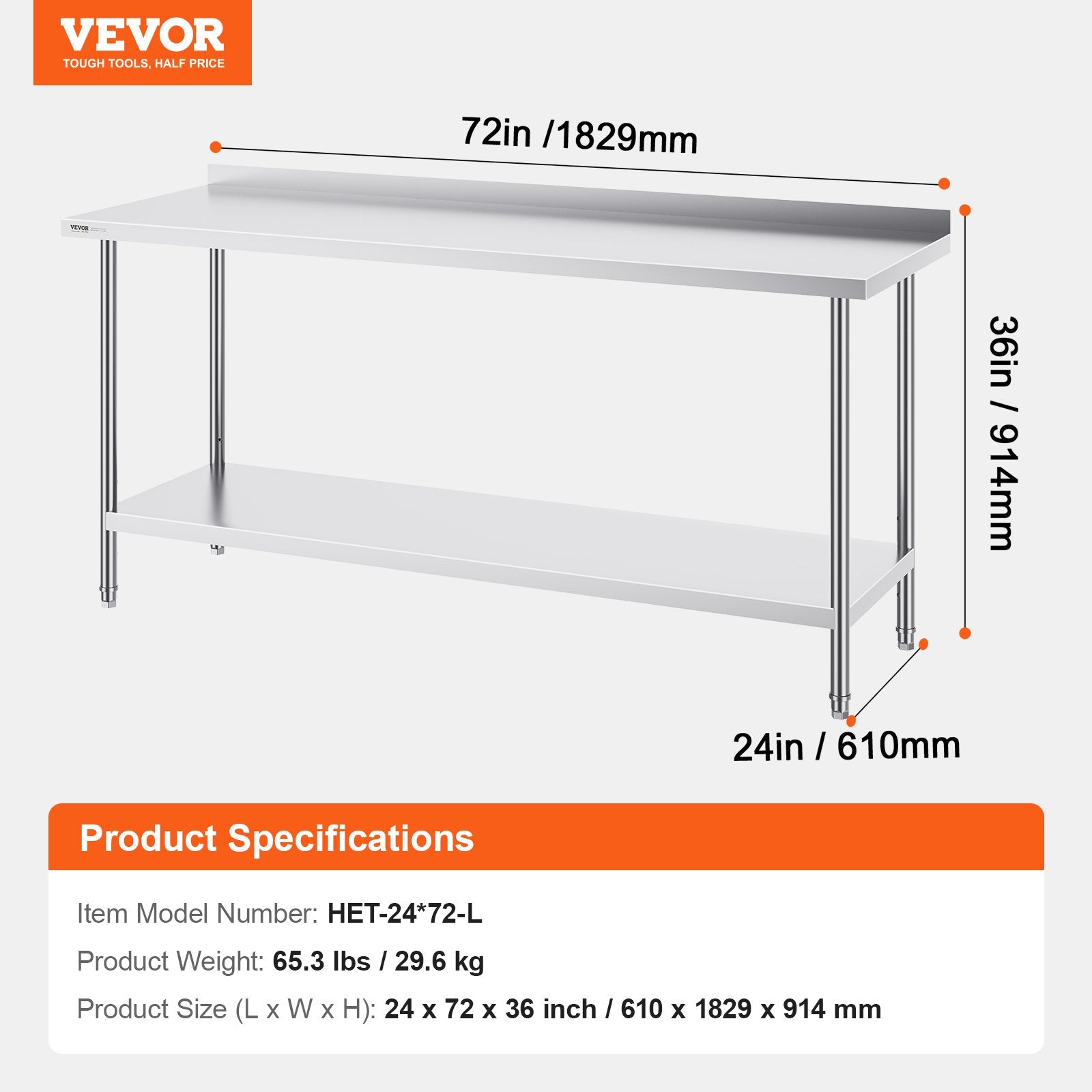Basketball & Basketball Accessories: VEVOR 24 x 72 x 36 Inch Stainless Steel Work Table, Commercial Food Prep Worktable Heavy Duty Prep Worktable, Metal Work Table with Adjustable Height for Restaurant, Home and Hotel