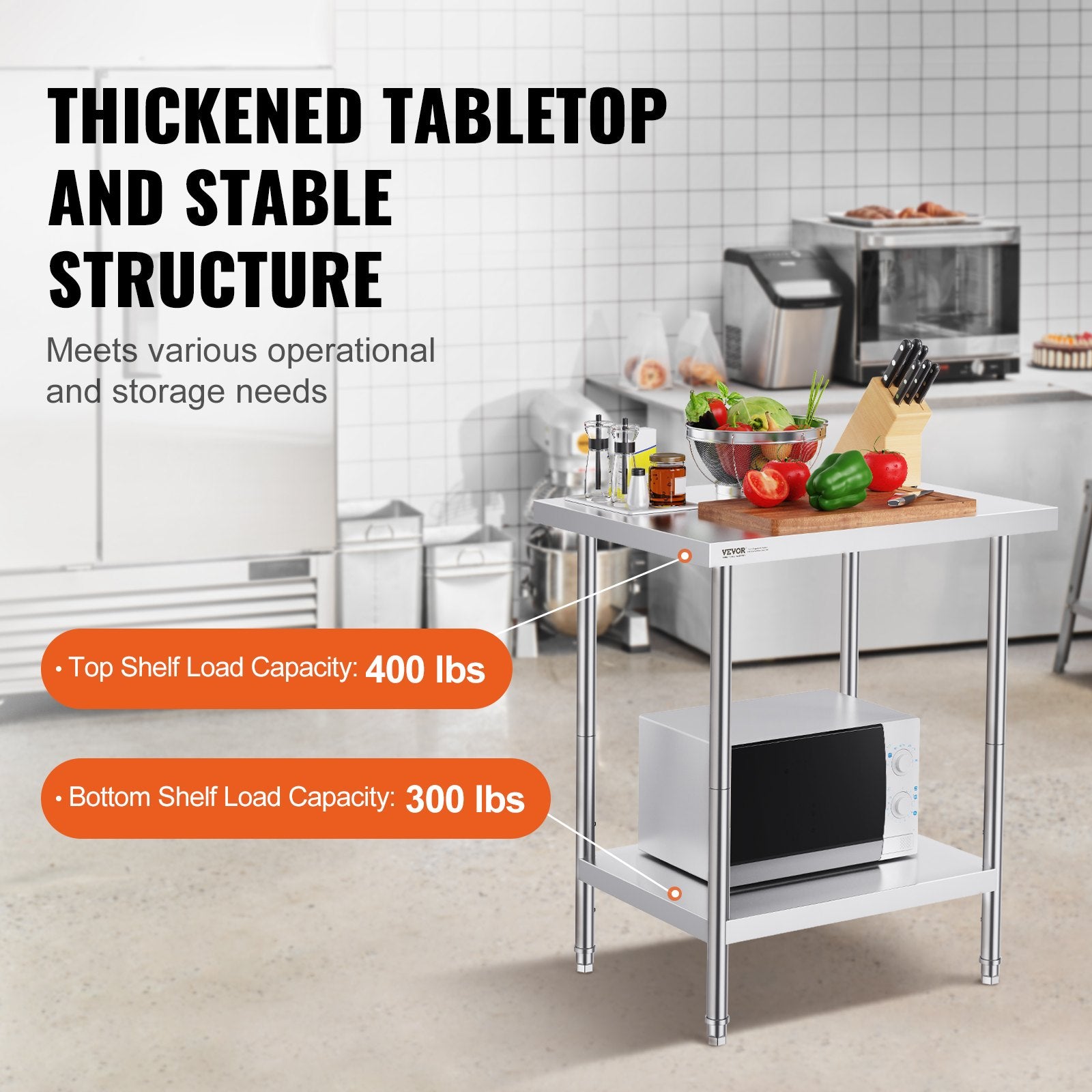 Basketball & Basketball Accessories: VEVOR Stainless Steel Prep Table, 24 x 30 x 34 Inch, Heavy Duty Metal Worktable with 3 Adjustable Height Levels, Commercial Workstation for Kitchen Garage Restaurant Backyard