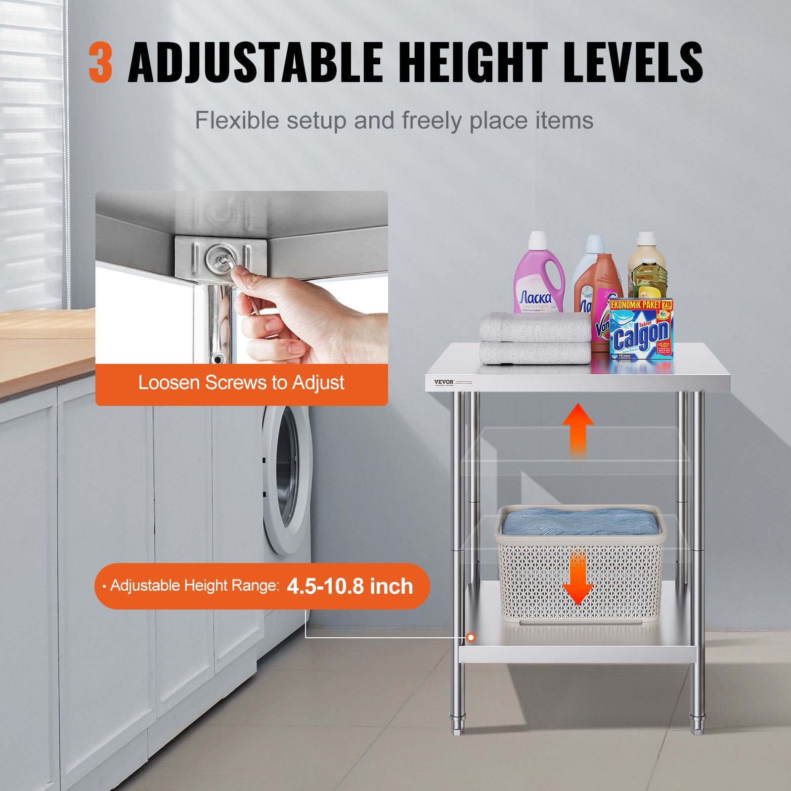 Basketball & Basketball Accessories: VEVOR Stainless Steel Prep Table, 24 x 30 x 34 Inch, Heavy Duty Metal Worktable with 3 Adjustable Height Levels, Commercial Workstation for Kitchen Garage Restaurant Backyard